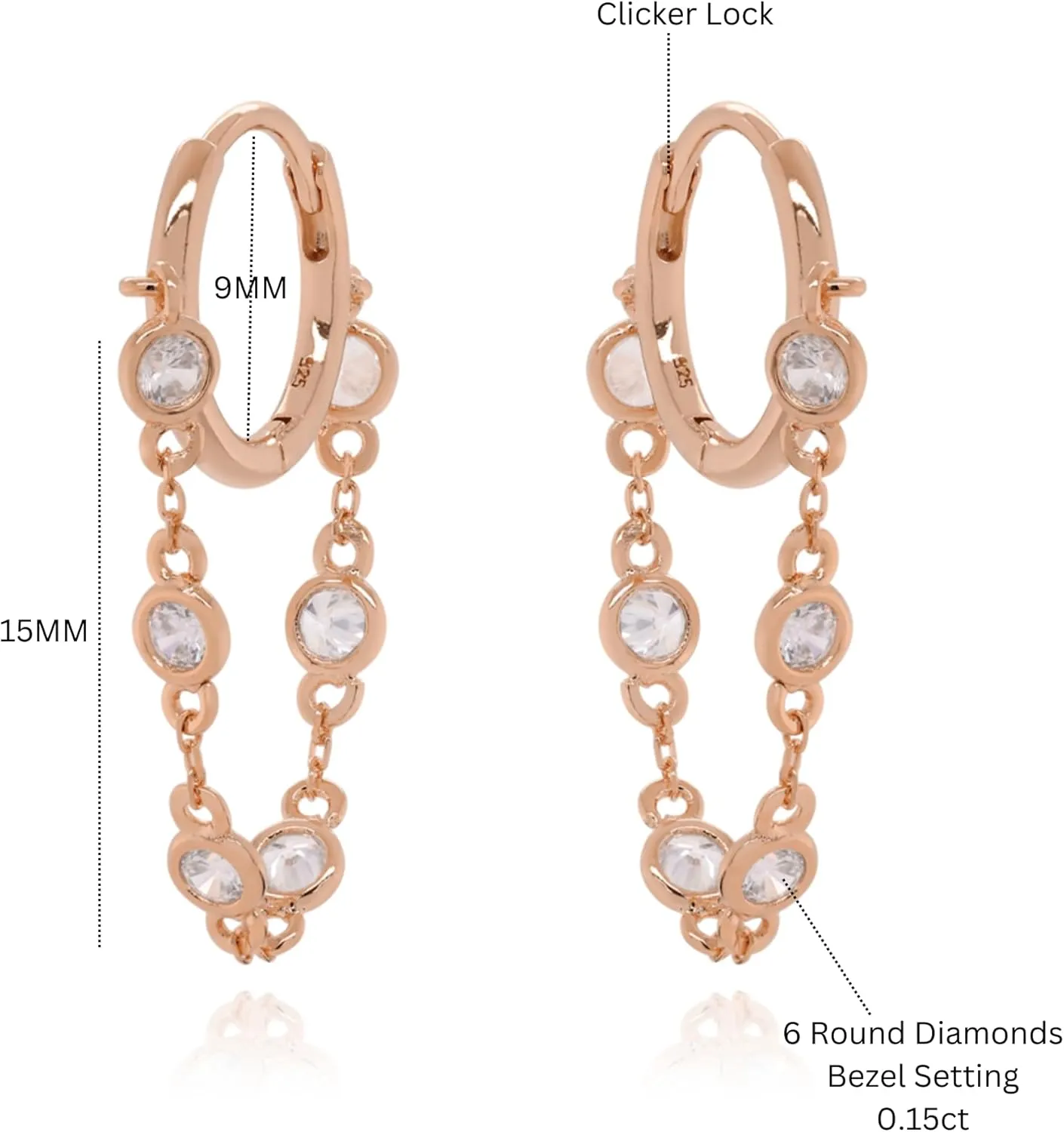 14K Gold Drops Dangling Hoop Earring, Bezel Set Diamond (0.15ct) Huggie Hoops, Long Charm Huggies Earring, Handmade Fine Gift Jewelry.