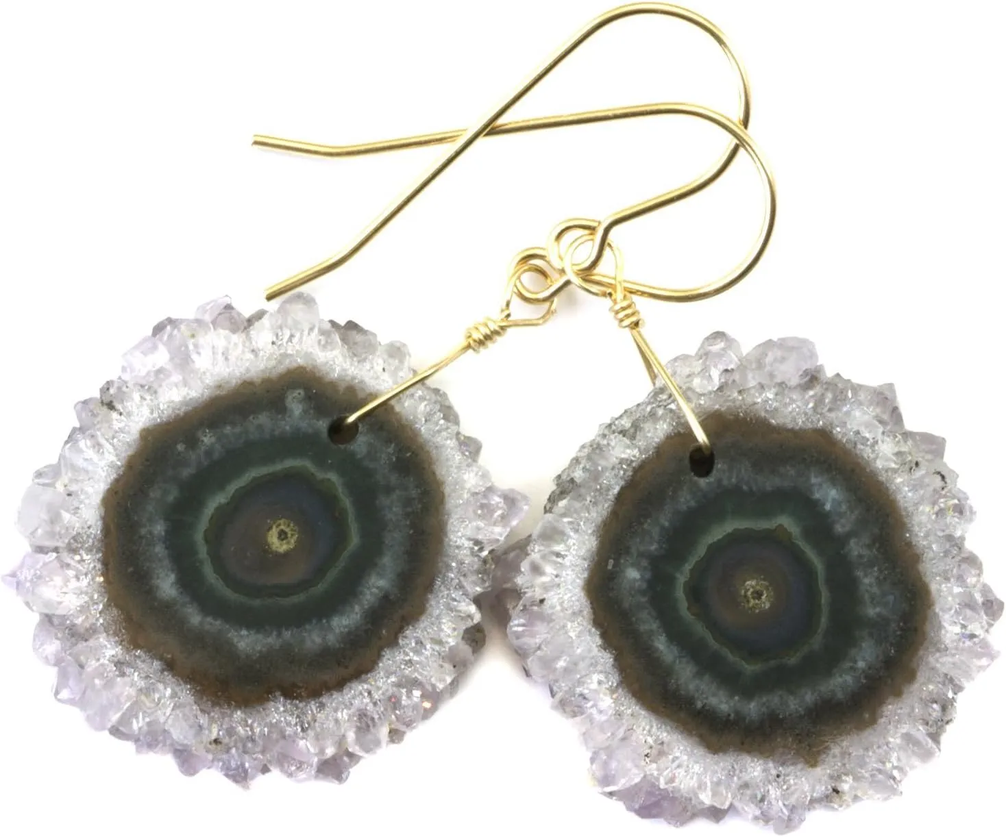 14k Gold Filled Amethyst Stalactite Earrings Large Round Slice Drops
