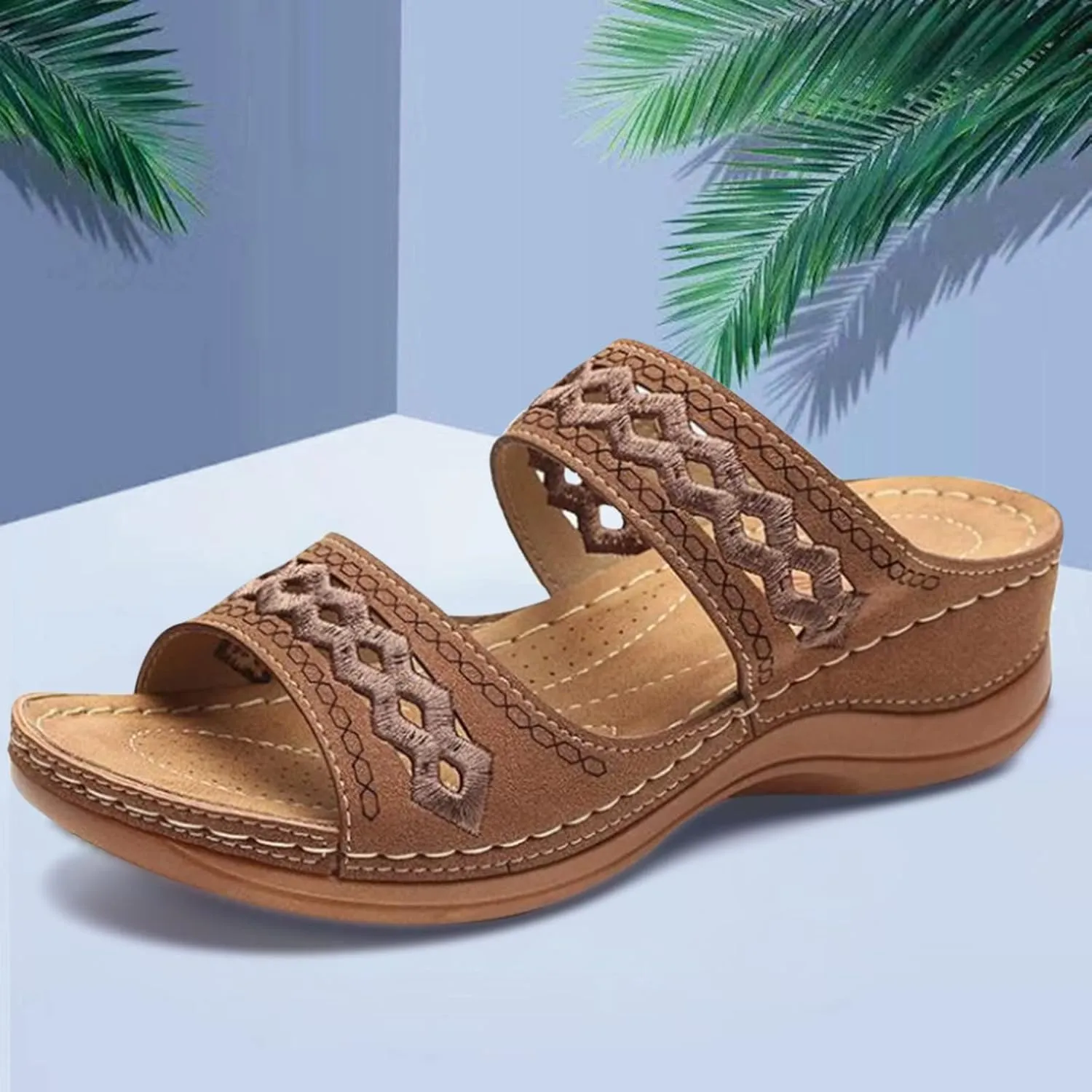 2025 Orthopedic Sandals for Women Comfortable Breathable Cut-Out Vacation Slippers with Arch Support Summer Wedge Heel Shoe Ladies Dress Plantar Fasciitis Slides Fashion Slip-On Walking Footwear