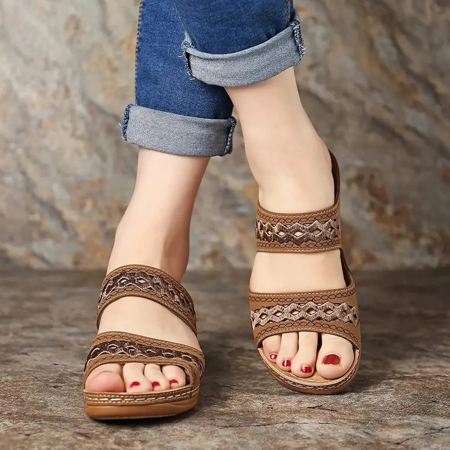 2025 Orthopedic Sandals for Women Comfortable Breathable Cut-Out Vacation Slippers with Arch Support Summer Wedge Heel Shoe Ladies Dress Plantar Fasciitis Slides Fashion Slip-On Walking Footwear