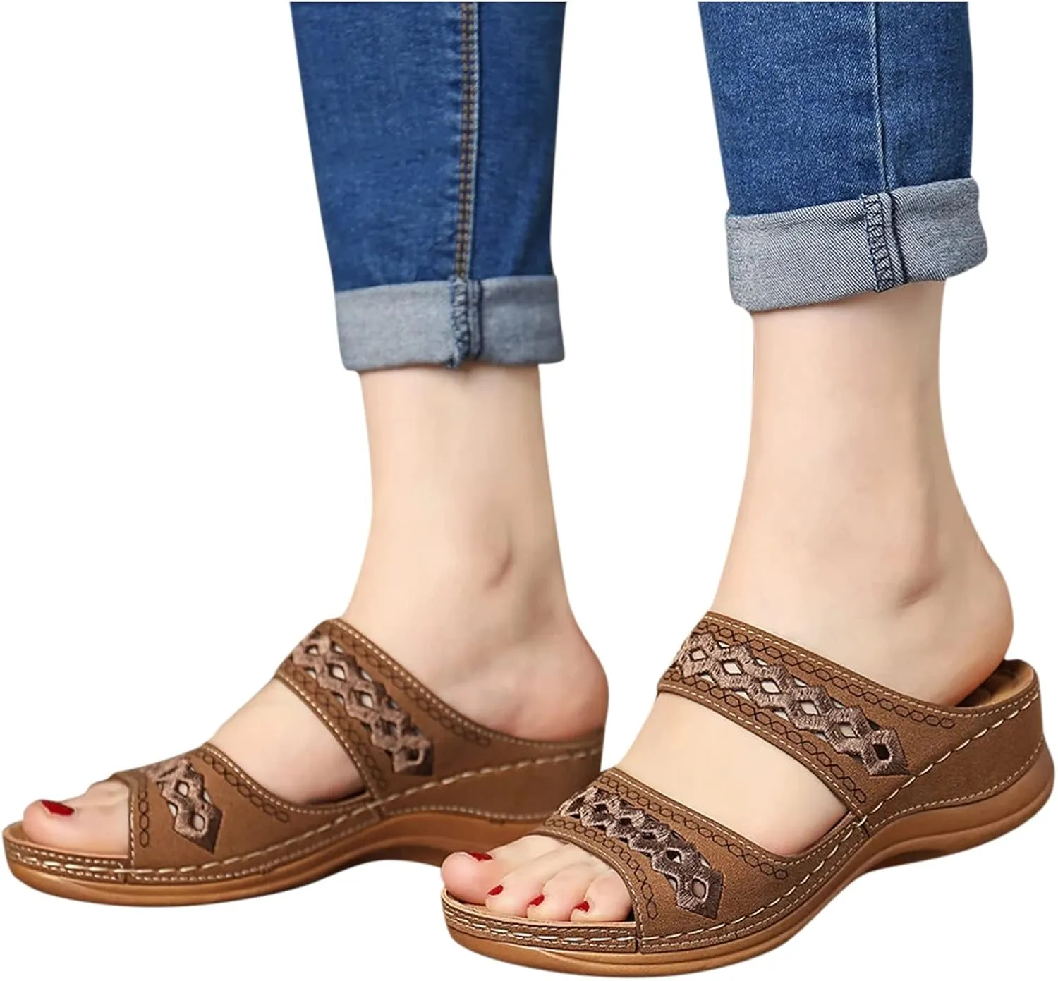 2025 Orthopedic Sandals for Women Comfortable Breathable Cut-Out Vacation Slippers with Arch Support Summer Wedge Heel Shoe Ladies Dress Plantar Fasciitis Slides Fashion Slip-On Walking Footwear