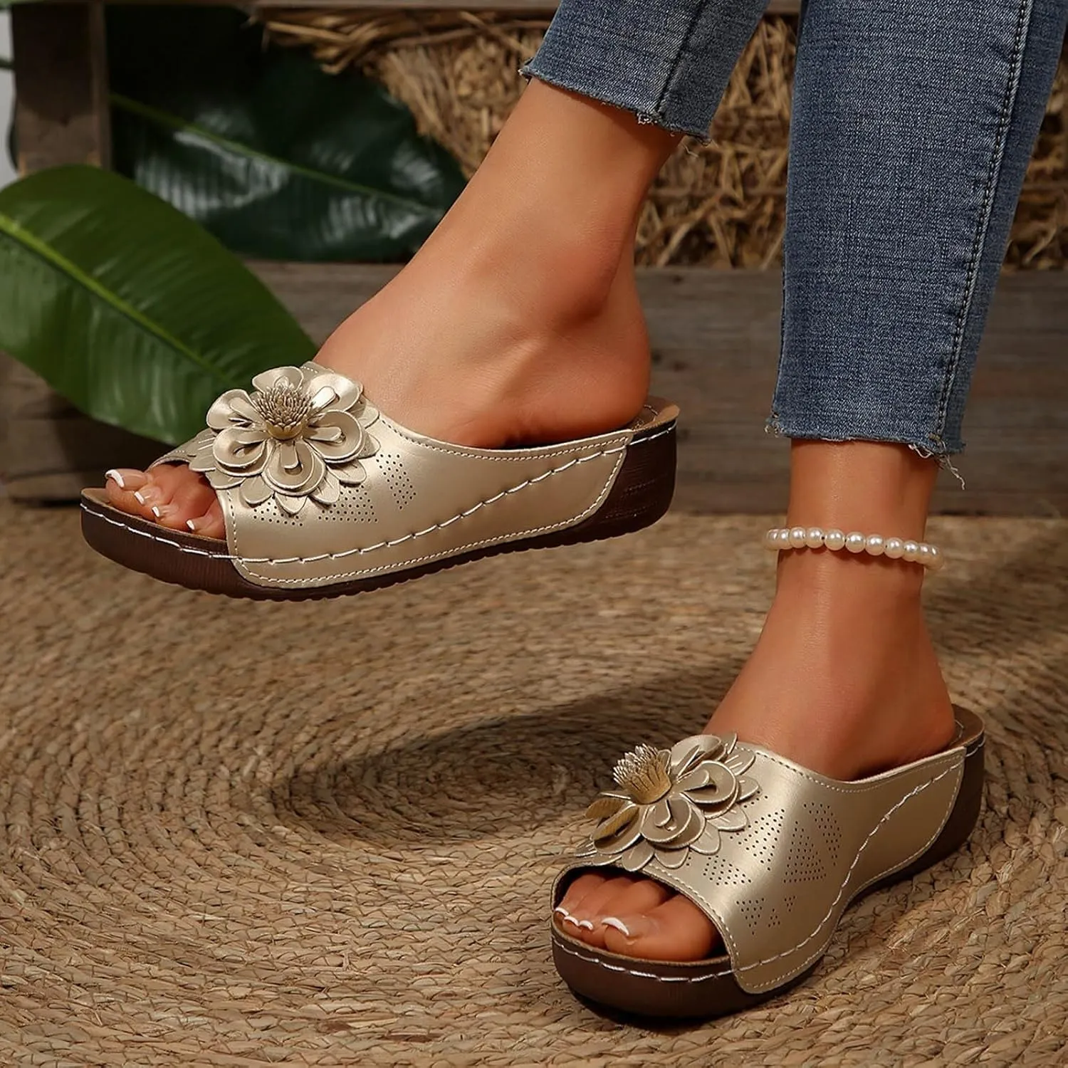 2025 Orthopedic Sandals for Women Cute Ladies Dress Walking Footwear Plantar Fasciitis with Arch Support Outdoor Breathable Slip-On Non-Slip Slides Comfortable Summer Beach Vacation Casual Slippers