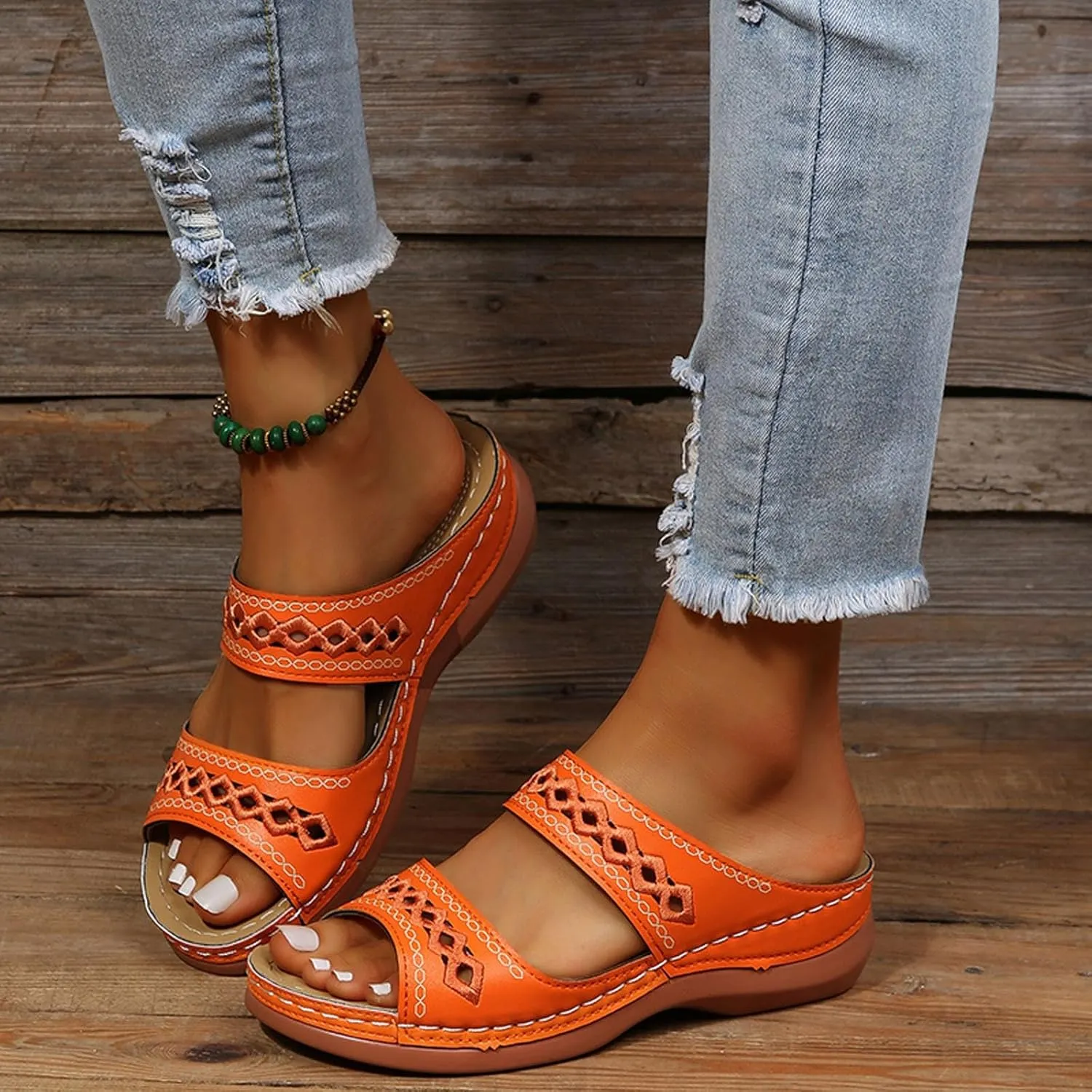 2025 Orthopedic Sandals for Women Fashion Cut-Out Plantar Fasciitis Casual Slides with Arch Support Comfortable Breathable Open Toe Walking Footwear Summer Slip-On Vacation Slippers