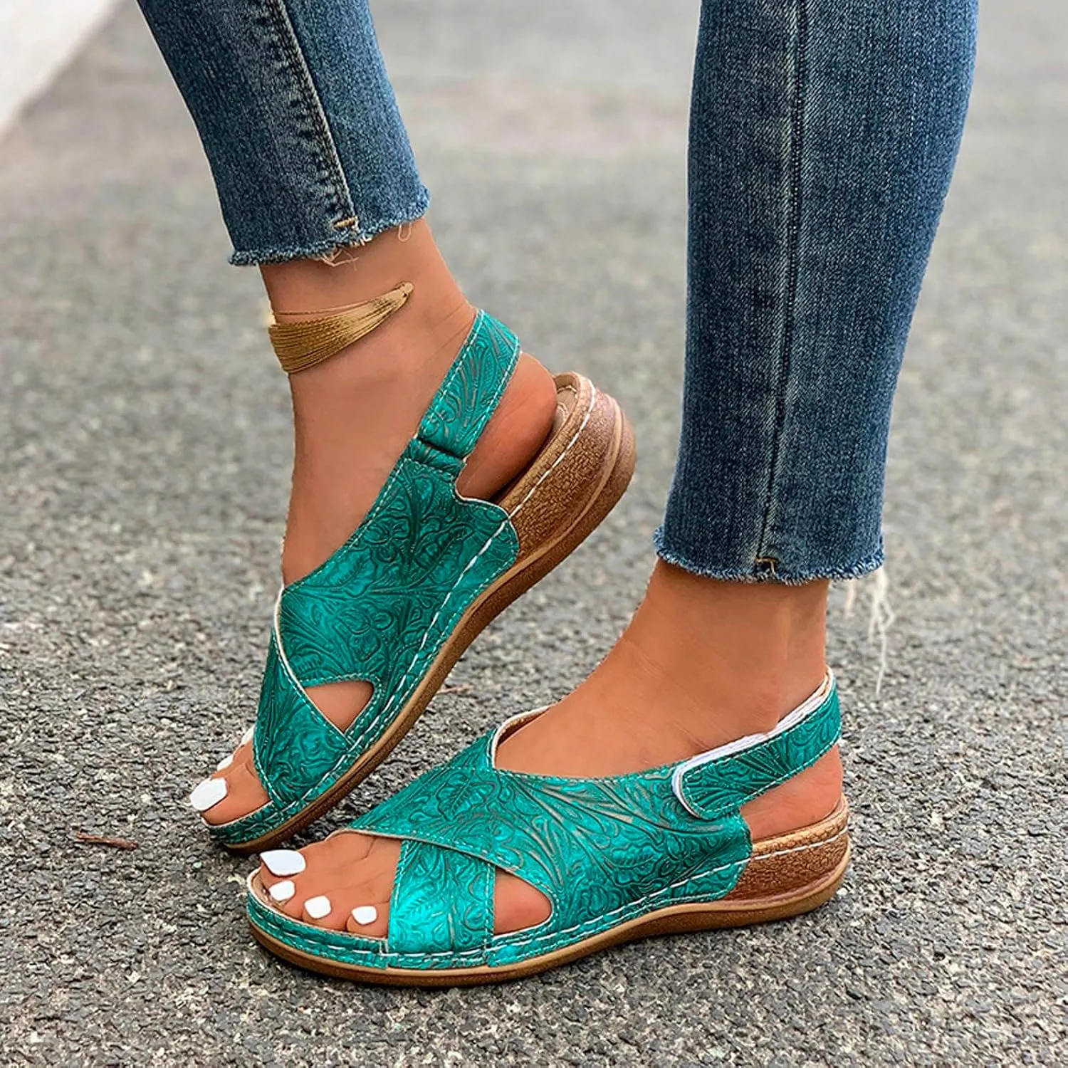 2025 Orthopedic Sandals for Women Summer Breathable Slip-On Wedge Heel Shoe with Arch Support Fashion Open Toe Soft Sole Slides with Ankle Strap Comfortable Beach Vacation Walking Footwear