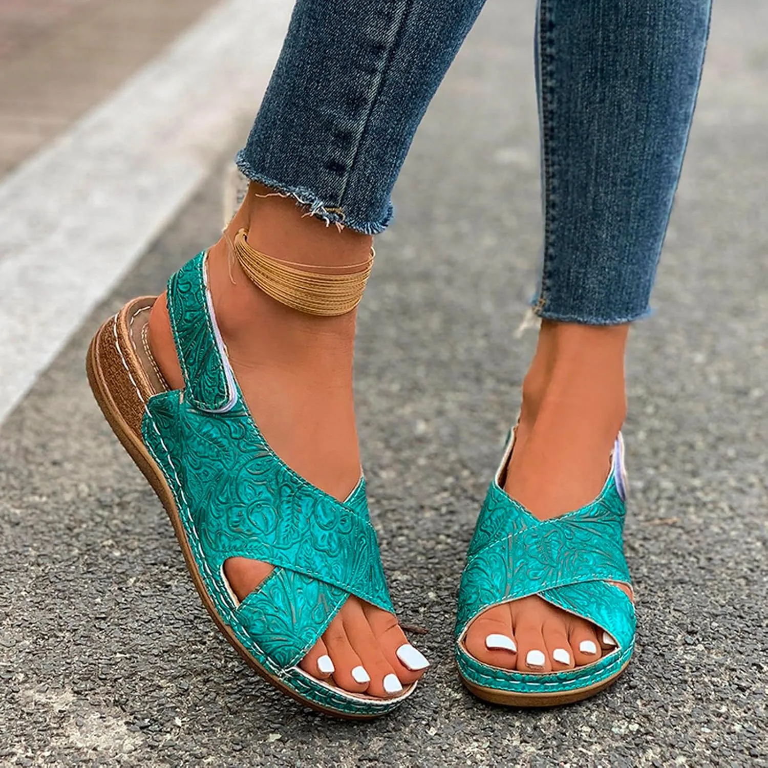 2025 Orthopedic Sandals for Women Summer Breathable Slip-On Wedge Heel Shoe with Arch Support Fashion Open Toe Soft Sole Slides with Ankle Strap Comfortable Beach Vacation Walking Footwear