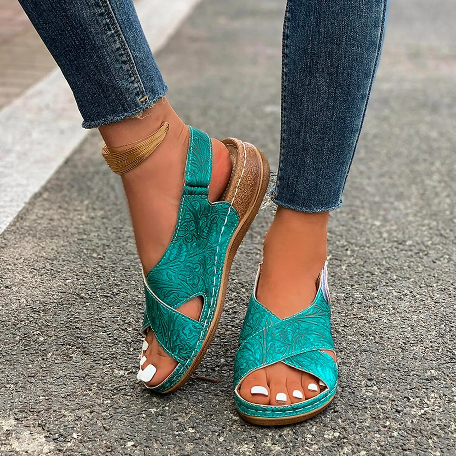 2025 Orthopedic Sandals for Women Summer Breathable Slip-On Wedge Heel Shoe with Arch Support Fashion Open Toe Soft Sole Slides with Ankle Strap Comfortable Beach Vacation Walking Footwear