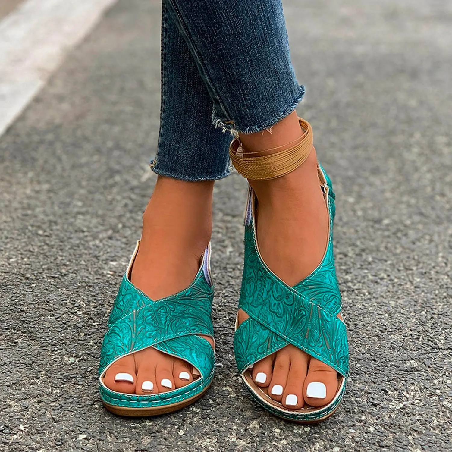 2025 Orthopedic Sandals for Women Summer Breathable Slip-On Wedge Heel Shoe with Arch Support Fashion Open Toe Soft Sole Slides with Ankle Strap Comfortable Beach Vacation Walking Footwear