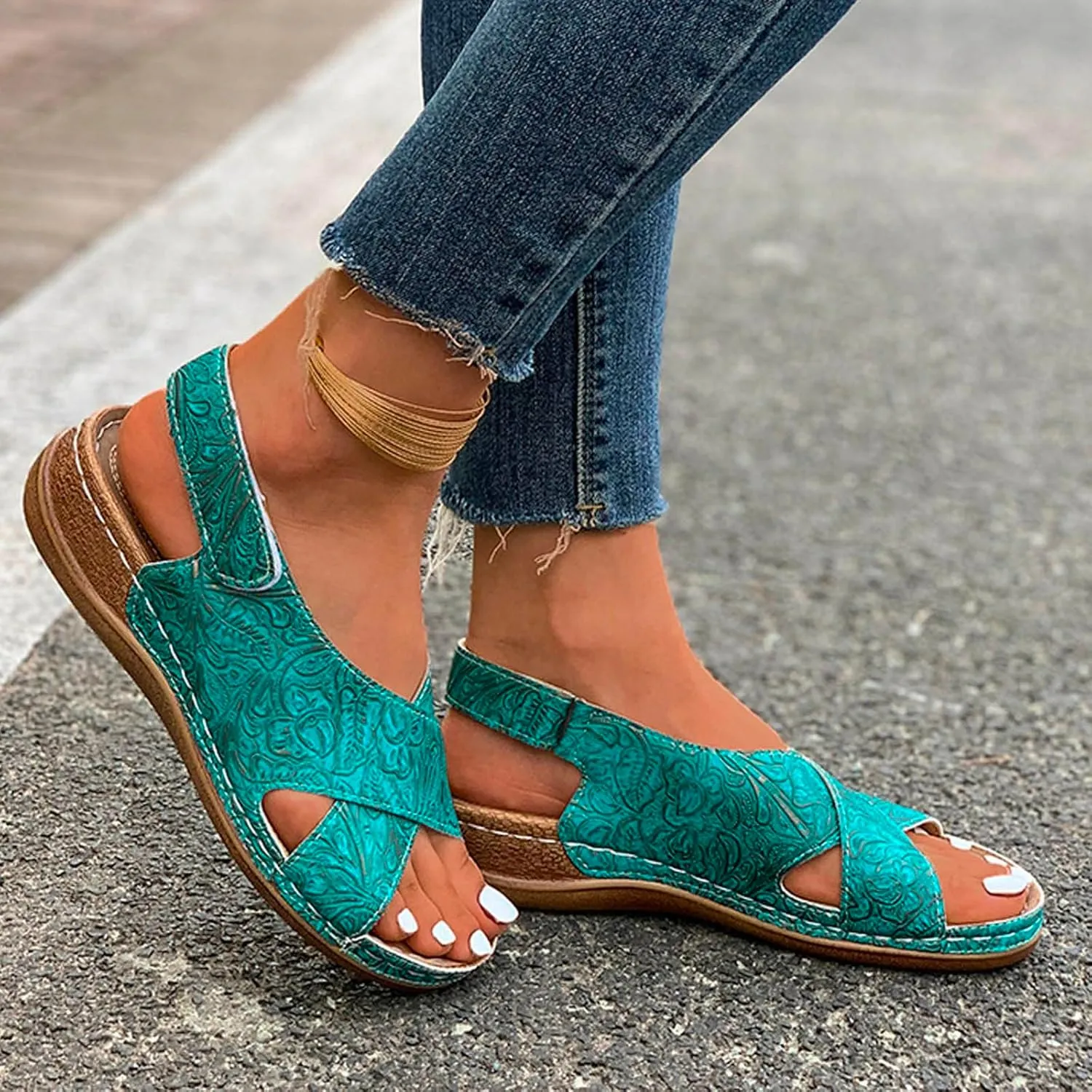2025 Orthopedic Sandals for Women Summer Breathable Slip-On Wedge Heel Shoe with Arch Support Fashion Open Toe Soft Sole Slides with Ankle Strap Comfortable Beach Vacation Walking Footwear