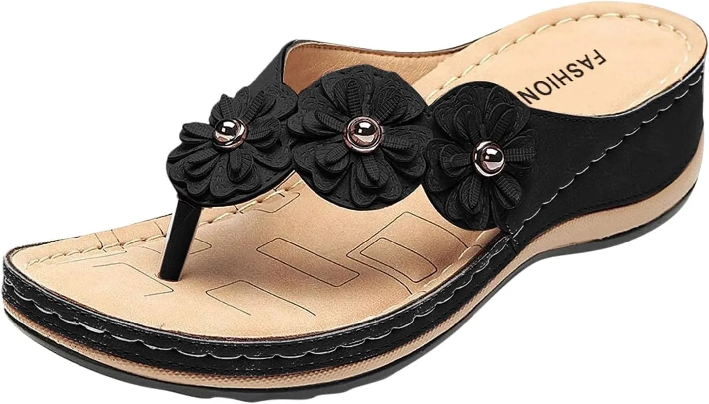 2025 Orthopedic Sandals for Women Summer Cute Flower Walking Footwear Comfortable Open Toe Soft Sole Flip Flops Breathable Beach Vacation Slippers Indoor/Outdoor Plantar Fasciitis Casual Slides