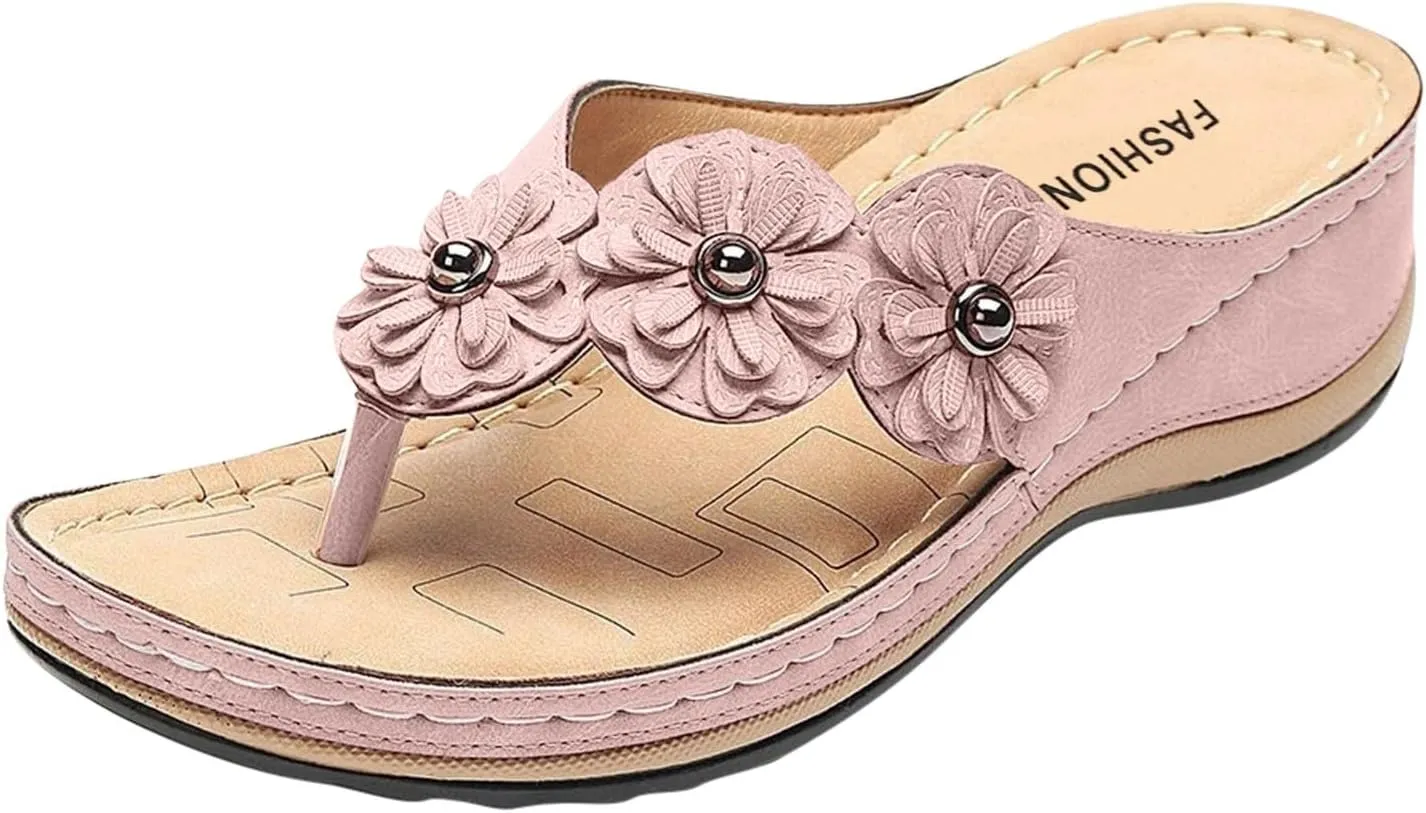 2025 Orthopedic Sandals for Women Summer Cute Flower Walking Footwear Comfortable Open Toe Soft Sole Flip Flops Breathable Beach Vacation Slippers Indoor/Outdoor Plantar Fasciitis Casual Slides