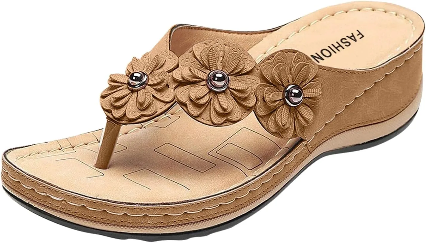 2025 Orthopedic Sandals for Women Summer Cute Flower Walking Footwear Comfortable Open Toe Soft Sole Flip Flops Breathable Beach Vacation Slippers Indoor/Outdoor Plantar Fasciitis Casual Slides