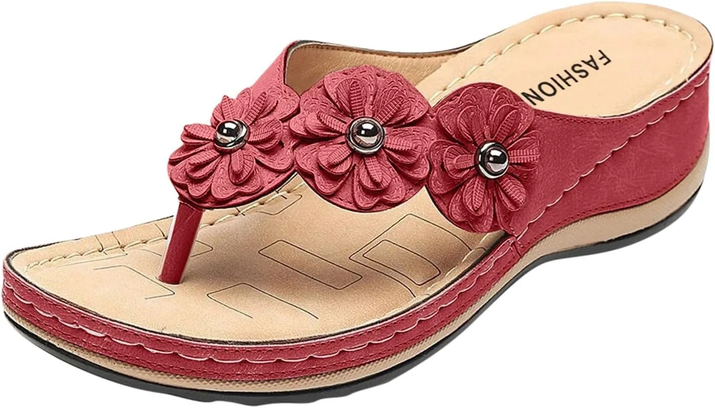 2025 Orthopedic Sandals for Women Summer Cute Flower Walking Footwear Comfortable Open Toe Soft Sole Flip Flops Breathable Beach Vacation Slippers Indoor/Outdoor Plantar Fasciitis Casual Slides