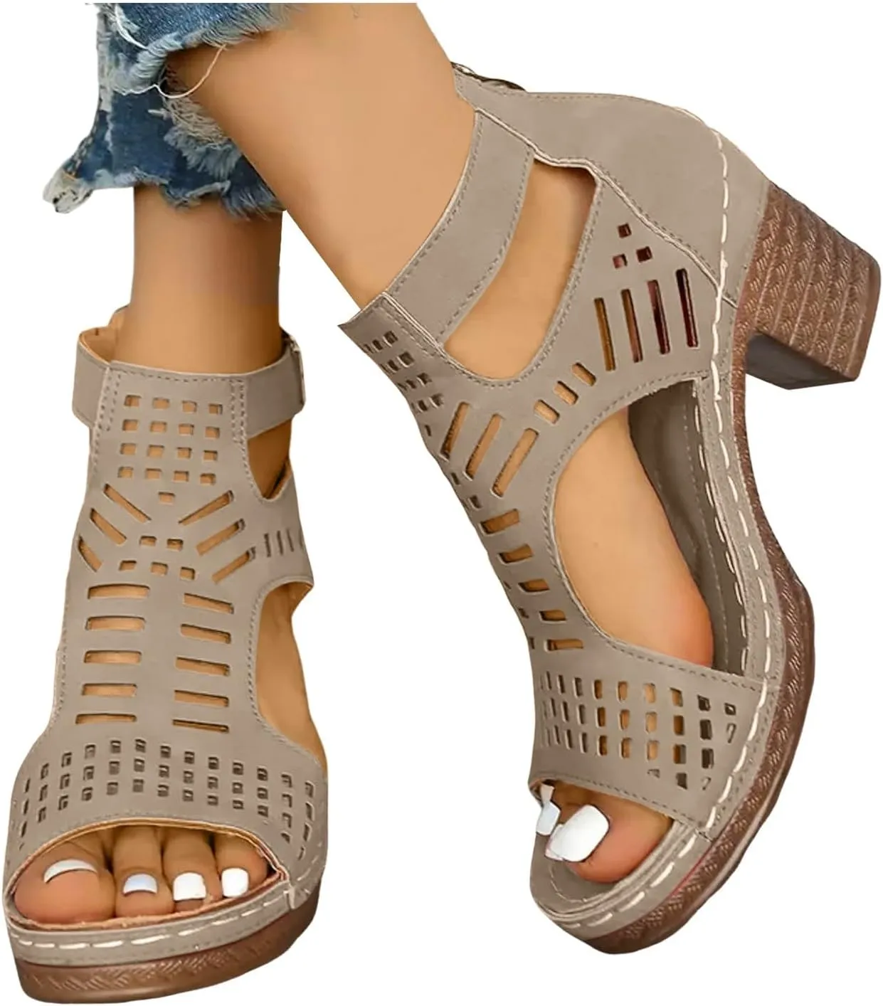 2025 Women Block Chunky Heels Sandals Breathable Cut-Out Non-Slip Walking Footwear Fashion Ladies Dress Beach Vacation Slippers Comfortable Wedge Heel Shoe Outdoor Slip-On Slides with Ankle Strap