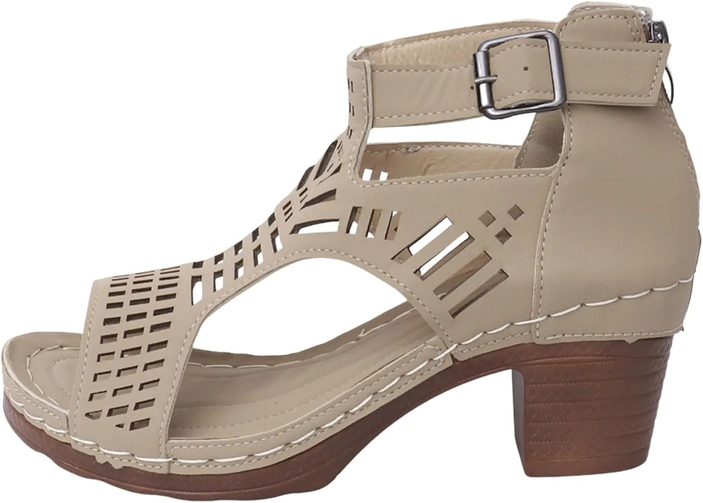 2025 Women Block Chunky Heels Sandals Breathable Cut-Out Non-Slip Walking Footwear Fashion Ladies Dress Beach Vacation Slippers Comfortable Wedge Heel Shoe Outdoor Slip-On Slides with Ankle Strap