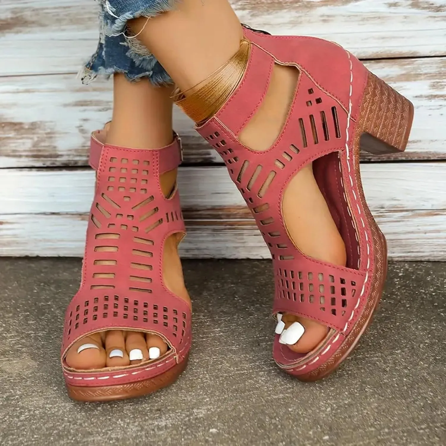 2025 Women Block Chunky Heels Sandals Breathable Cut-Out Non-Slip Walking Footwear Fashion Ladies Dress Beach Vacation Slippers Comfortable Wedge Heel Shoe Outdoor Slip-On Slides with Ankle Strap