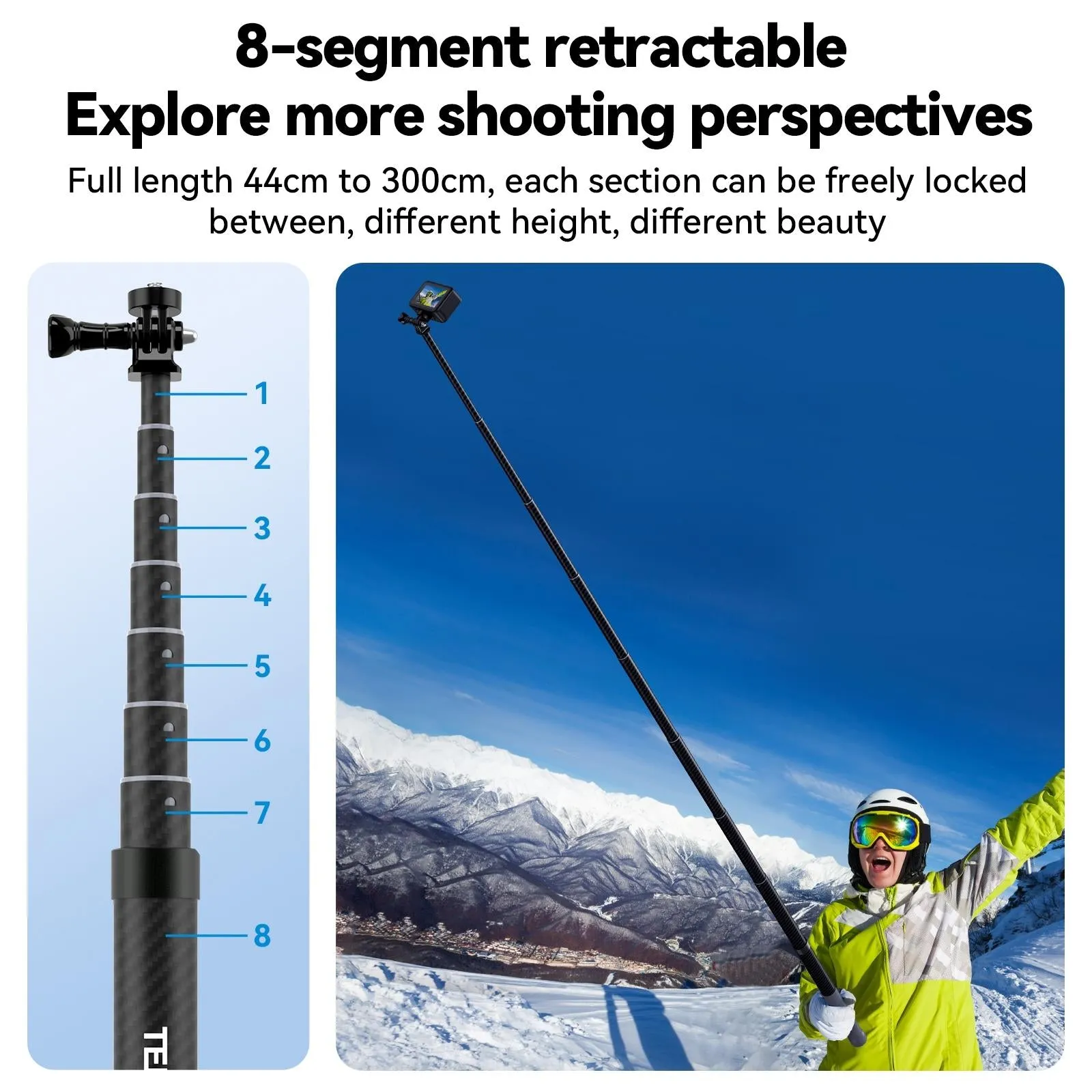 3m Carbon Fiber Selfie Stick Monopod for Action Cameras - 1 / 4 Screw