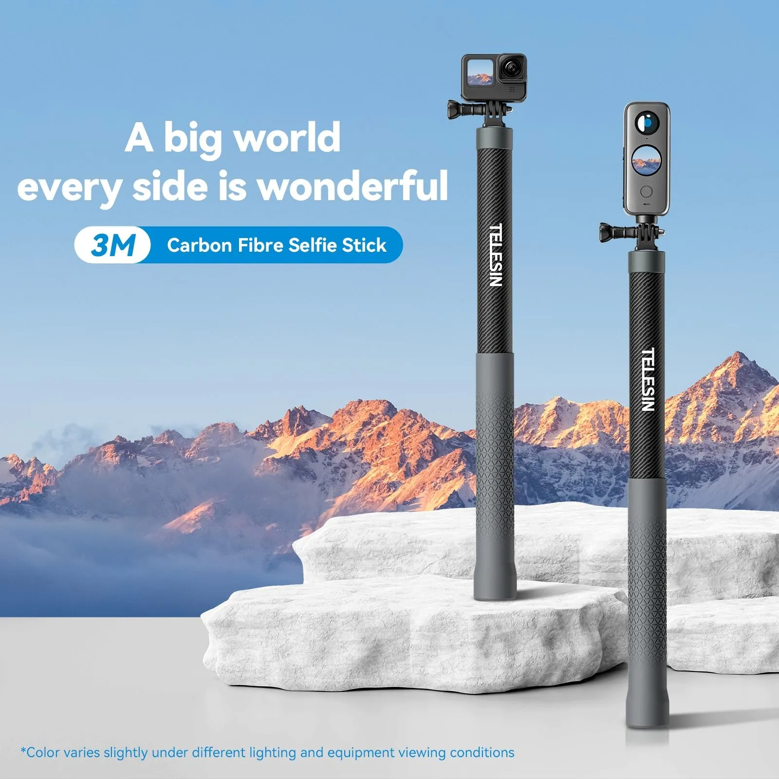 3m Carbon Fiber Selfie Stick Monopod for Action Cameras - 1 / 4 Screw