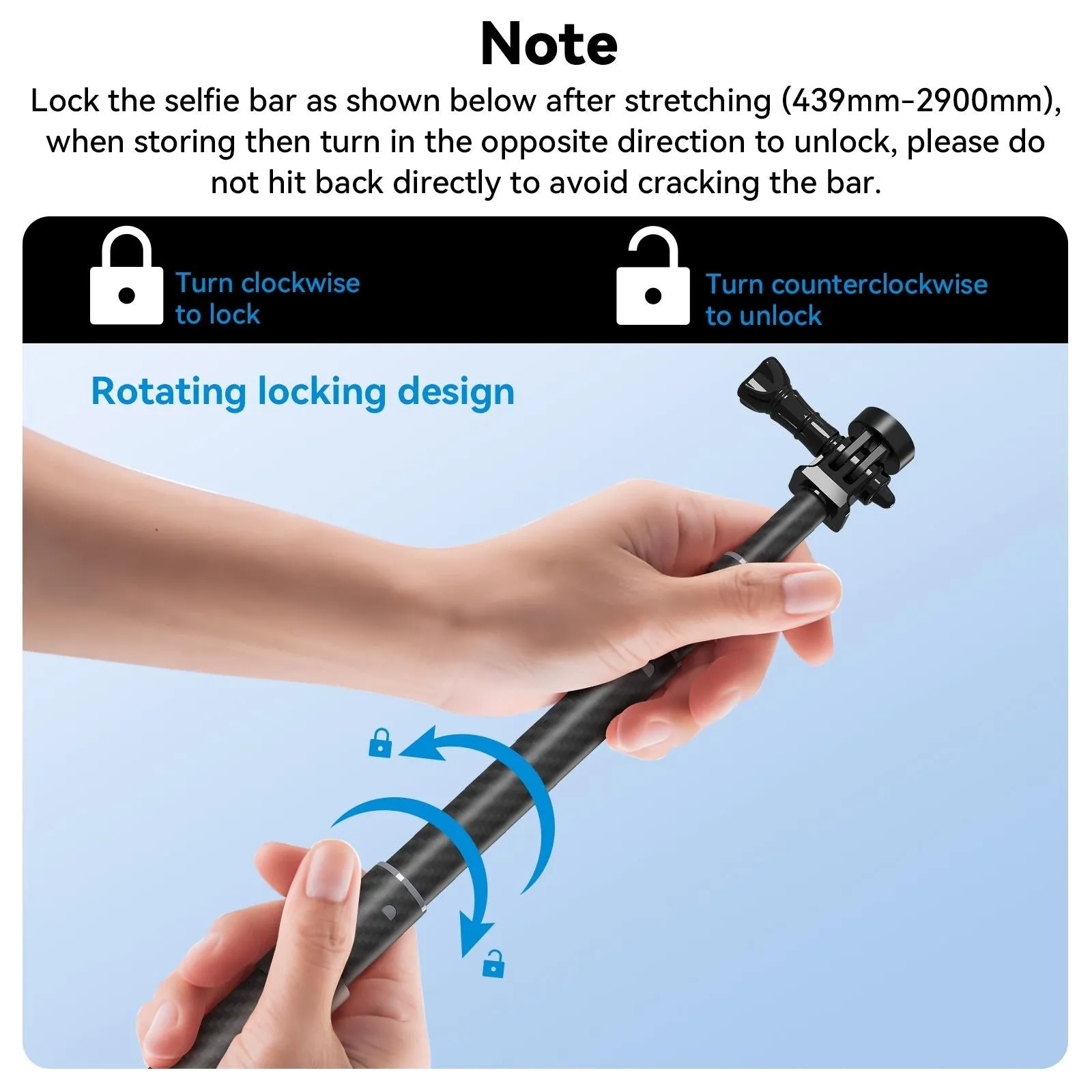 3m Carbon Fiber Selfie Stick Monopod for Action Cameras - 1 / 4 Screw