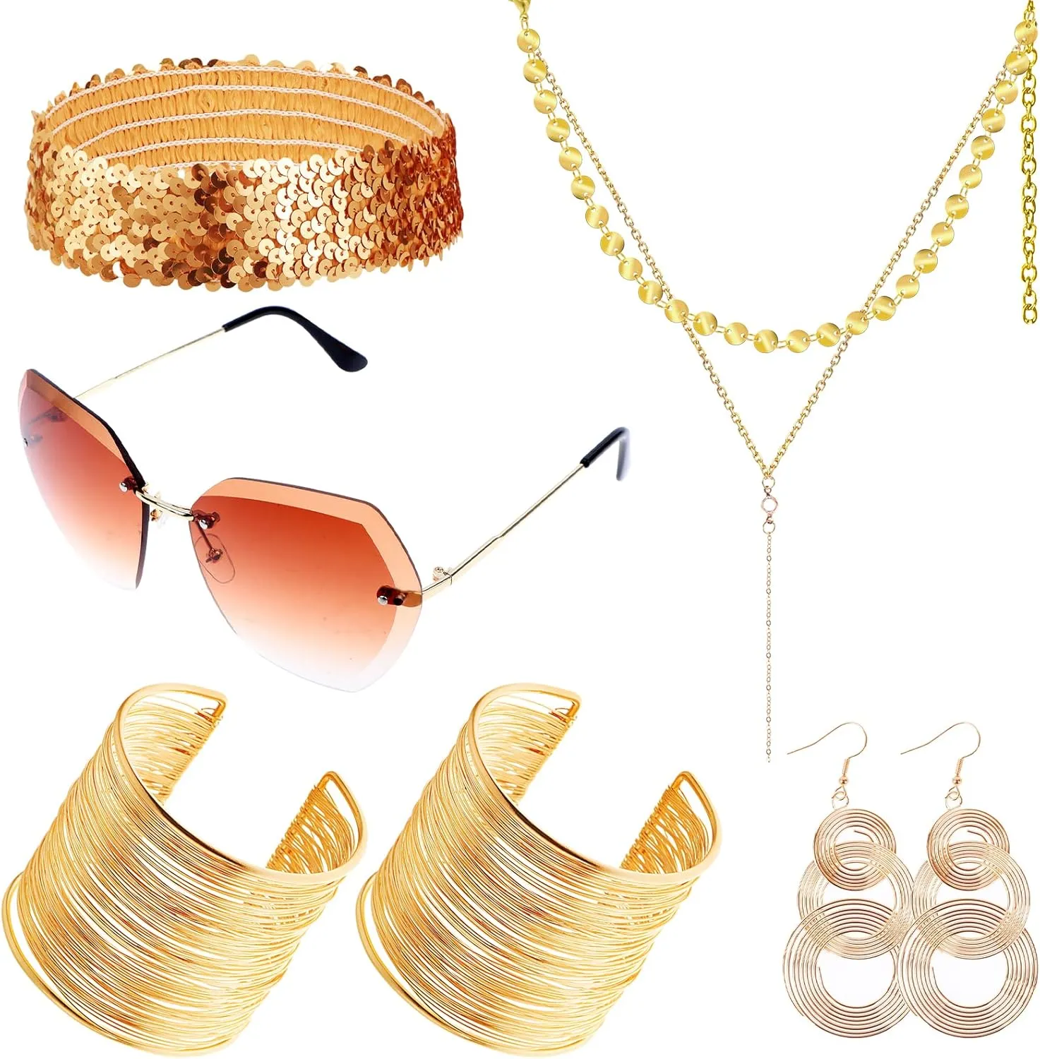 7 Pcs Gold Disco Set 1970s Disco Accessories Disco Set Rimless Diamond Cutting Sunglasses Wire Metal Coil Bracelets Glitter Choker Necklace Triple Swirl Disco Earrings Sequin Headband