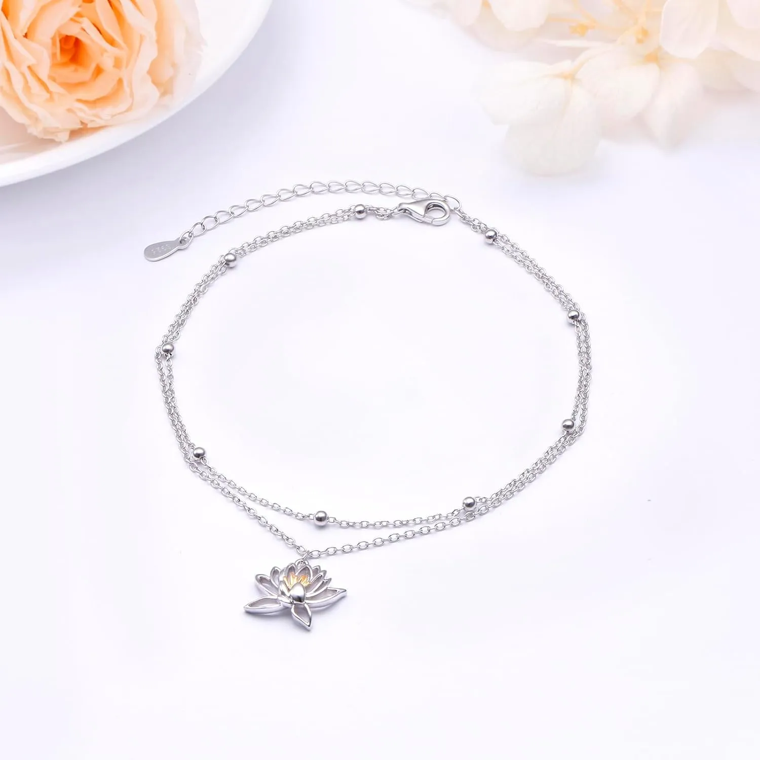 925 Sterling Silver Layered Anklet Lotus Flower/Dragonfly/Butterfly/Sea Turtle Animals Floral Anklets Adjustable Chain Bead Jewelry For Women Daughter