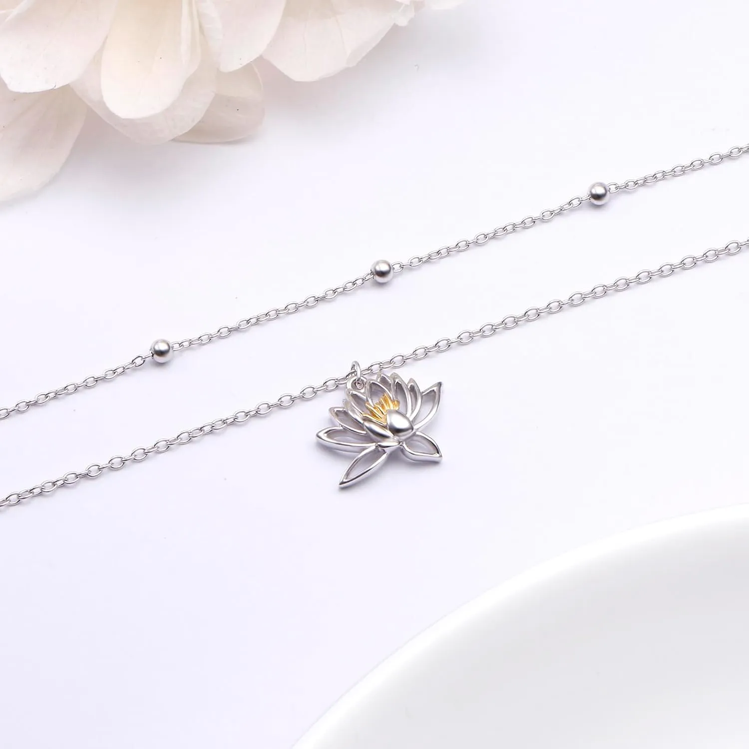 925 Sterling Silver Layered Anklet Lotus Flower/Dragonfly/Butterfly/Sea Turtle Animals Floral Anklets Adjustable Chain Bead Jewelry For Women Daughter