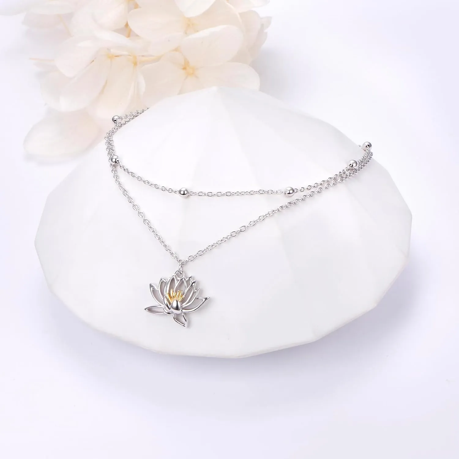 925 Sterling Silver Layered Anklet Lotus Flower/Dragonfly/Butterfly/Sea Turtle Animals Floral Anklets Adjustable Chain Bead Jewelry For Women Daughter