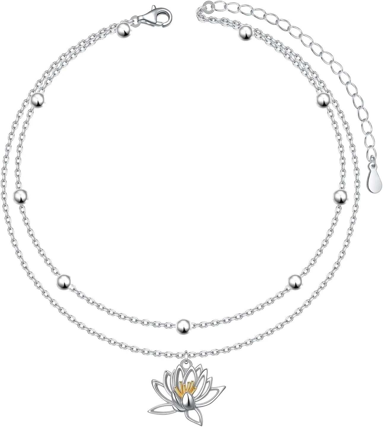 925 Sterling Silver Layered Anklet Lotus Flower/Dragonfly/Butterfly/Sea Turtle Animals Floral Anklets Adjustable Chain Bead Jewelry For Women Daughter