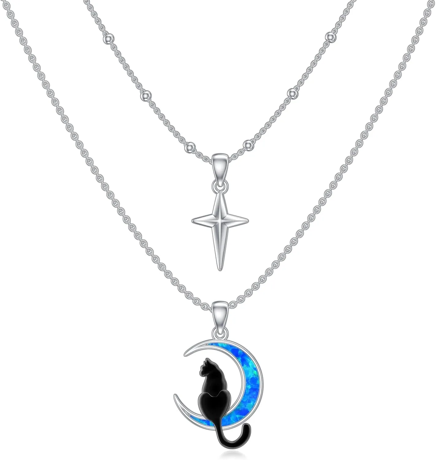 925 Sterling Silver Layered Necklaces Italian Horn Evil Eye/Italian Horn Ladybug/Black Cat/Cross Lifeline Heart Pendant Layering Necklace Jewelry Gifts for Women Wife