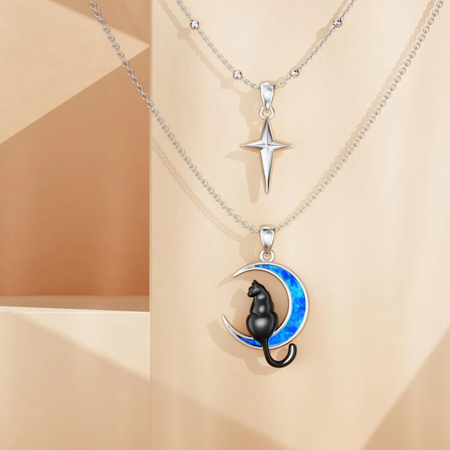 925 Sterling Silver Layered Necklaces Italian Horn Evil Eye/Italian Horn Ladybug/Black Cat/Cross Lifeline Heart Pendant Layering Necklace Jewelry Gifts for Women Wife