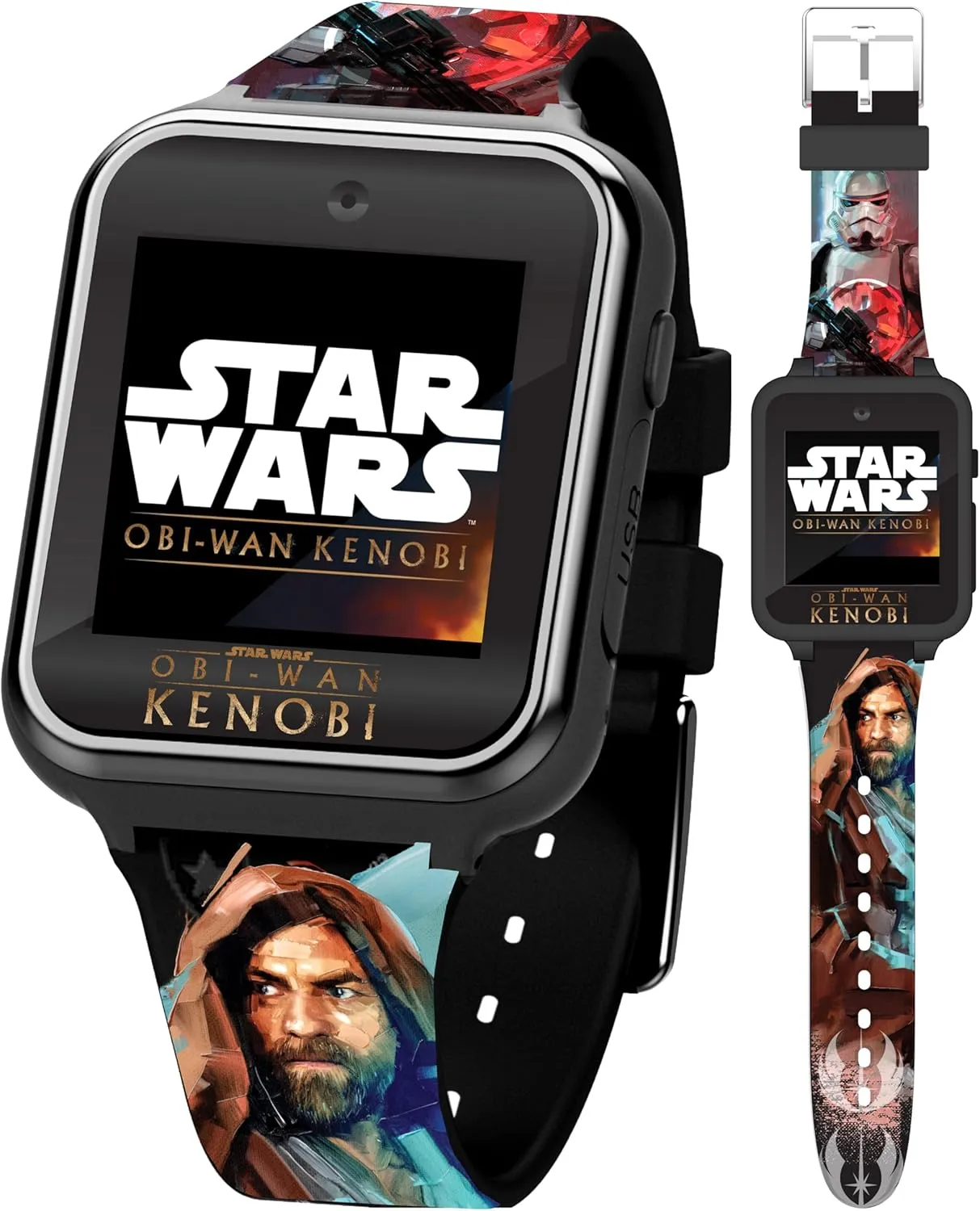 Accutime Star Wars OBI-Wan Kenobi Kids Smart Watch with Touchscreen, 10 Jedi Clock Faces, Selfie Camera, Games, Stopwatch, and Step Counter  Fits Wrists 5.5" to 8"