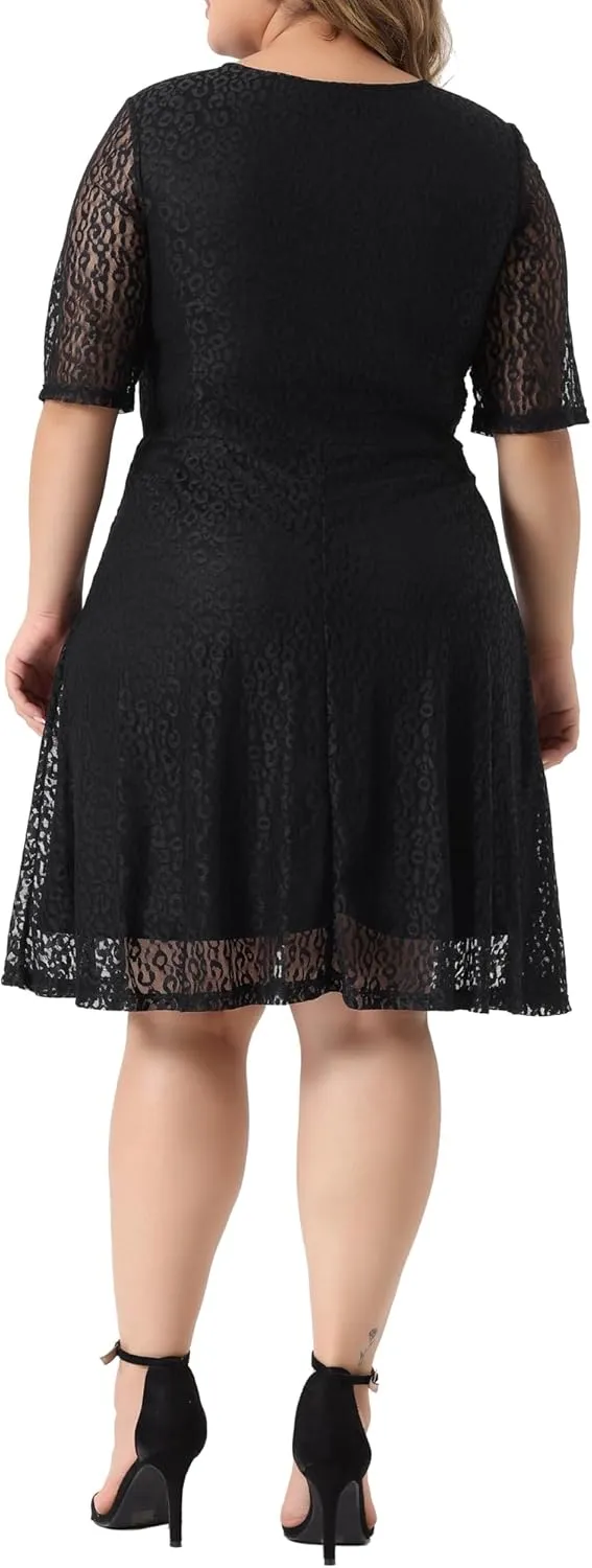 Agnes Orinda Plus Size Lace Dress for Women V Neck Swing A-Line Cocktail Party Wedding Guest 2024 Midi Dresses