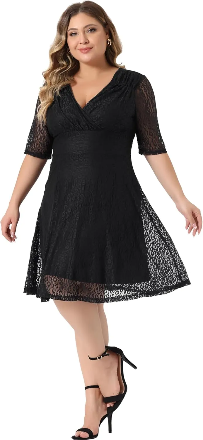 Agnes Orinda Plus Size Lace Dress for Women V Neck Swing A-Line Cocktail Party Wedding Guest 2024 Midi Dresses