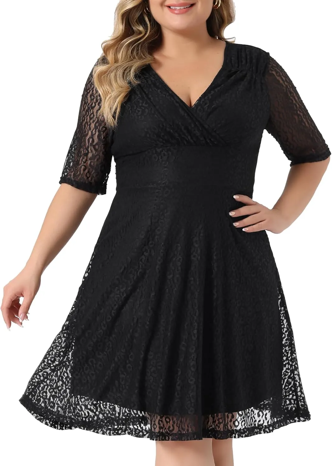 Agnes Orinda Plus Size Lace Dress for Women V Neck Swing A-Line Cocktail Party Wedding Guest 2024 Midi Dresses