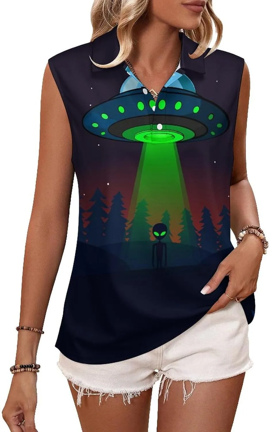 Aliens Spaceship at Night Women's Sleeveless Golf Polo Shirts Athletic Tank Tops