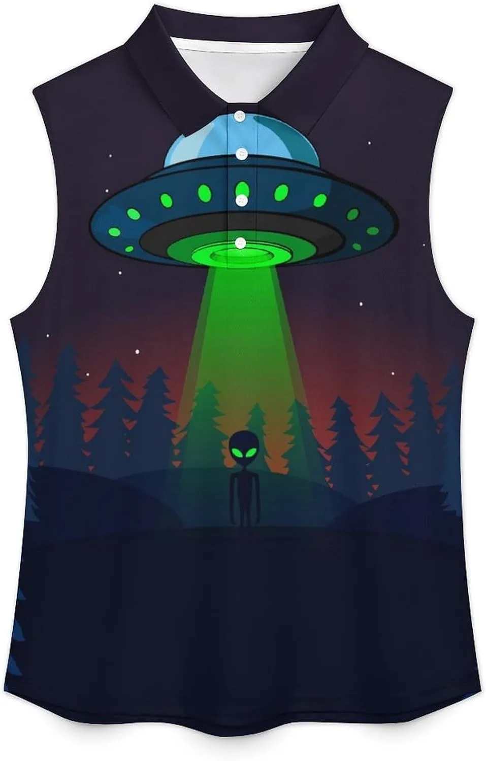 Aliens Spaceship at Night Women's Sleeveless Golf Polo Shirts Athletic Tank Tops