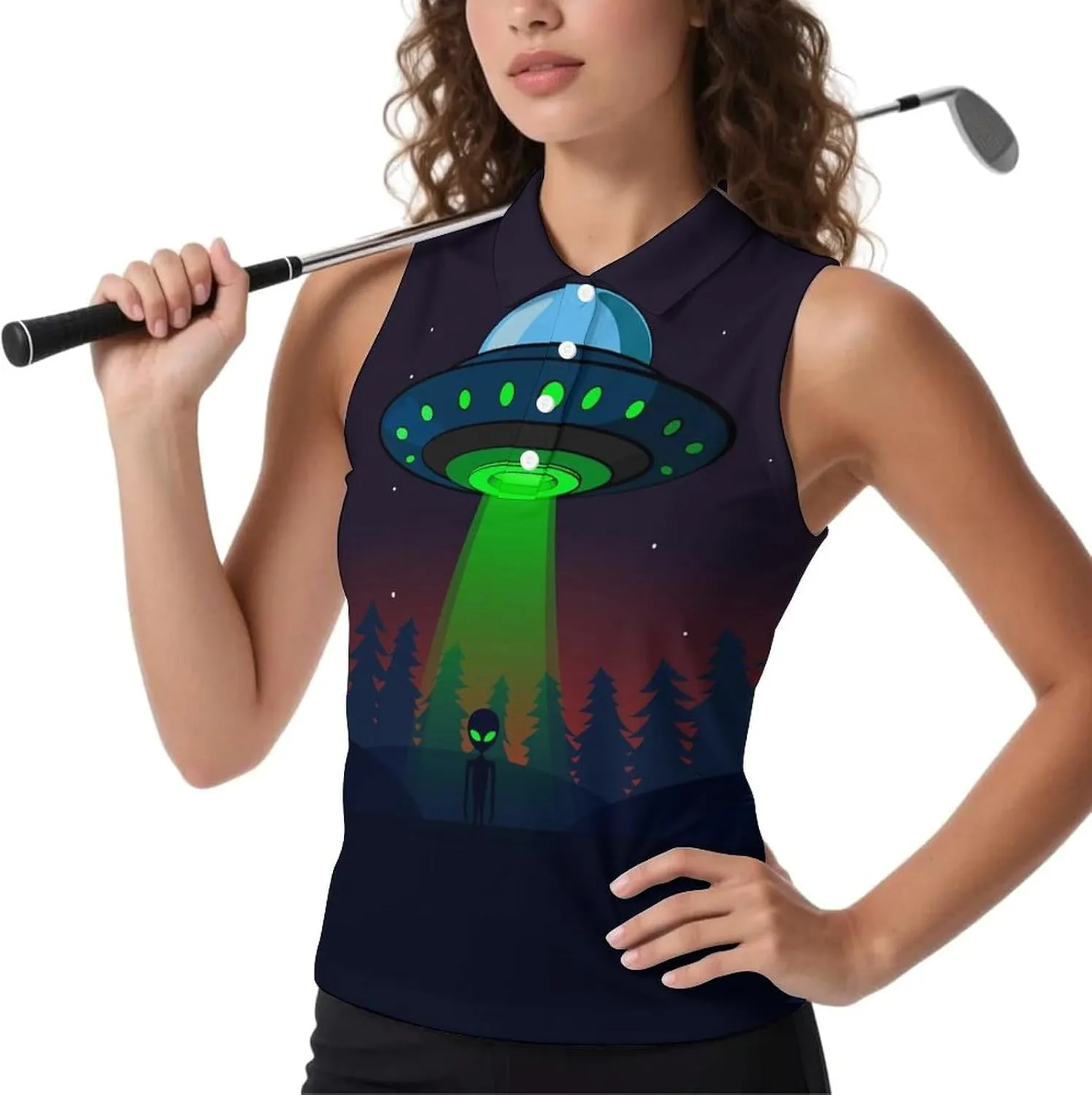Aliens Spaceship at Night Women's Sleeveless Golf Polo Shirts Athletic Tank Tops