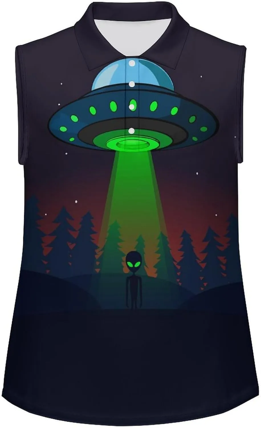 Aliens Spaceship at Night Women's Sleeveless Golf Polo Shirts Athletic Tank Tops
