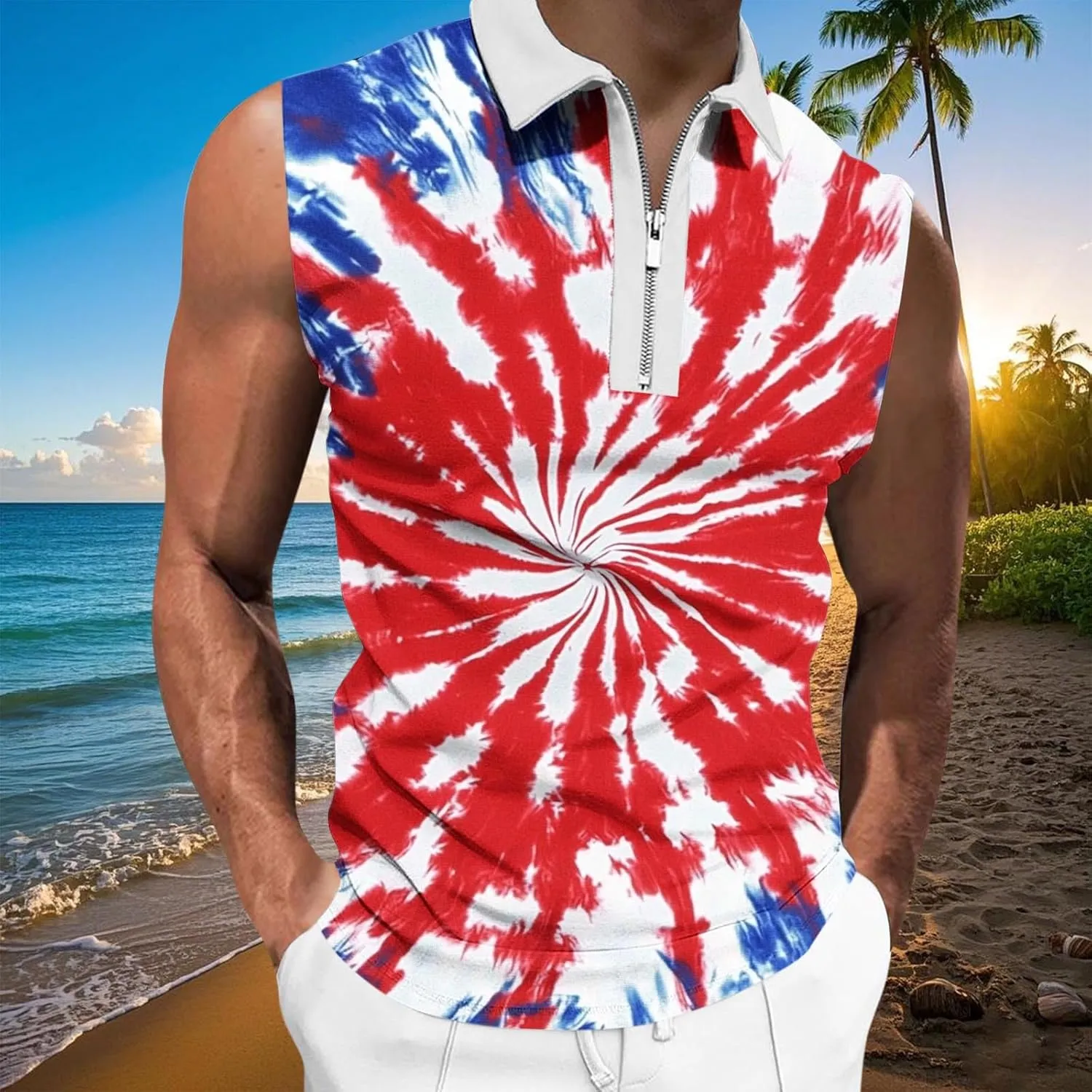 American Flag Striped Tank Tops Mens Sleeveless Shirts Casual Quarter Zip Collared Dressy Top USA Patriotic Vintage Tees