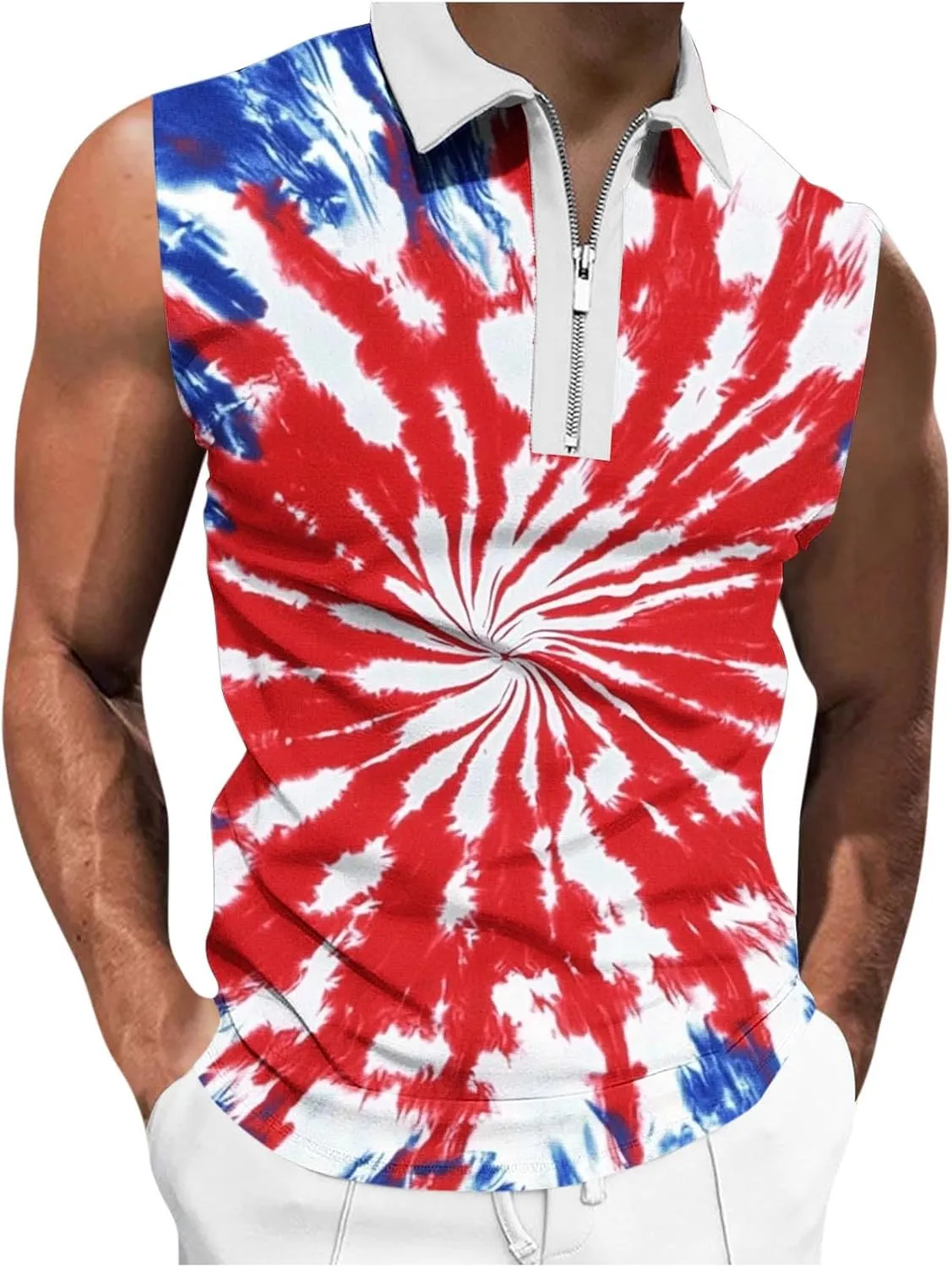 American Flag Striped Tank Tops Mens Sleeveless Shirts Casual Quarter Zip Collared Dressy Top USA Patriotic Vintage Tees
