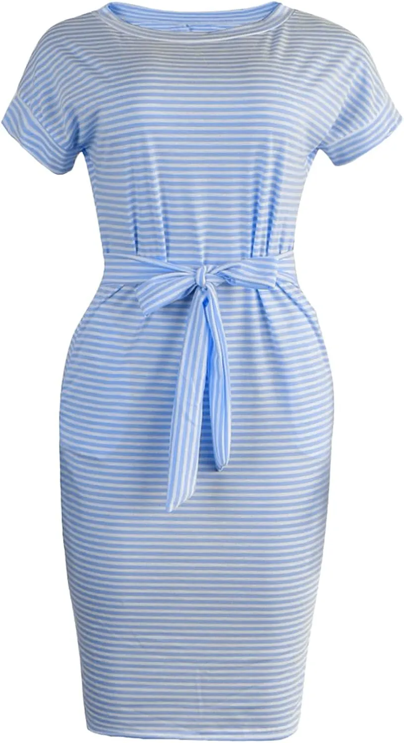 Aniywn Women's Summer Elegant Striped Short Sleeve T Shirt Dress Casual Tie Waist Slim Fit Midi Dress with Pockets