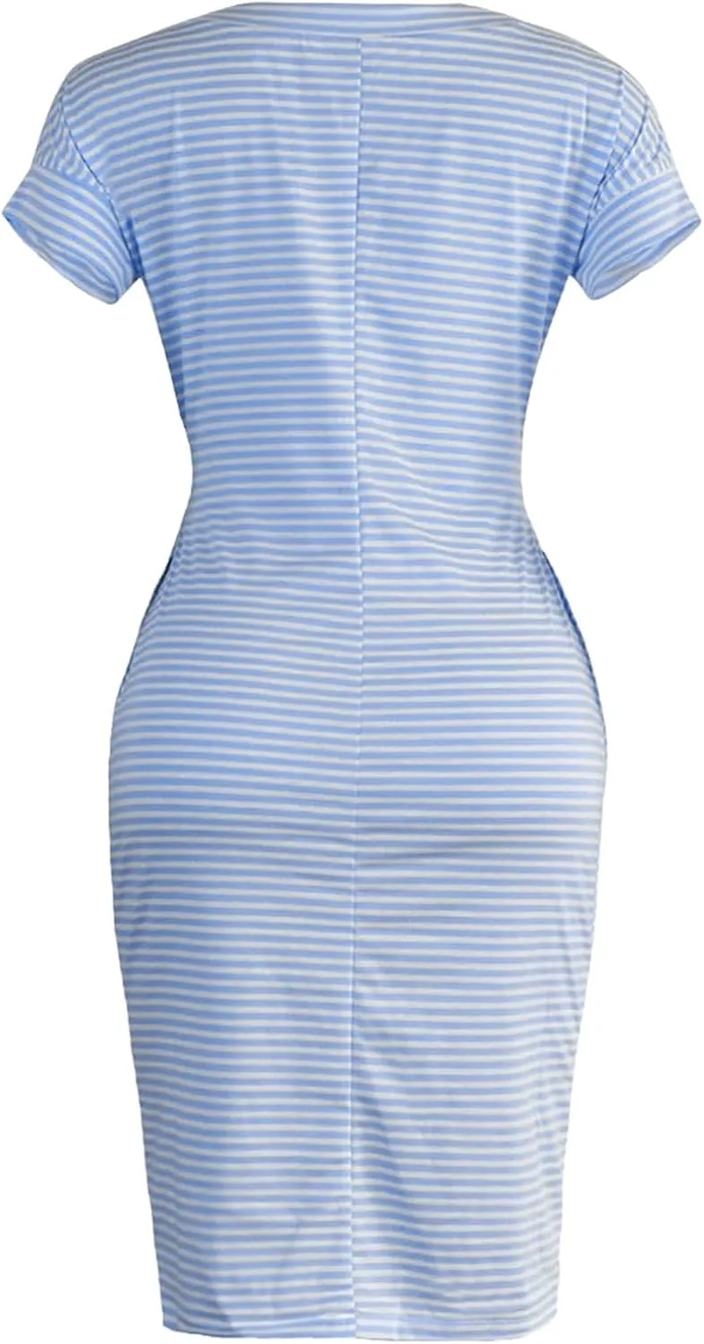 Aniywn Women's Summer Elegant Striped Short Sleeve T Shirt Dress Casual Tie Waist Slim Fit Midi Dress with Pockets