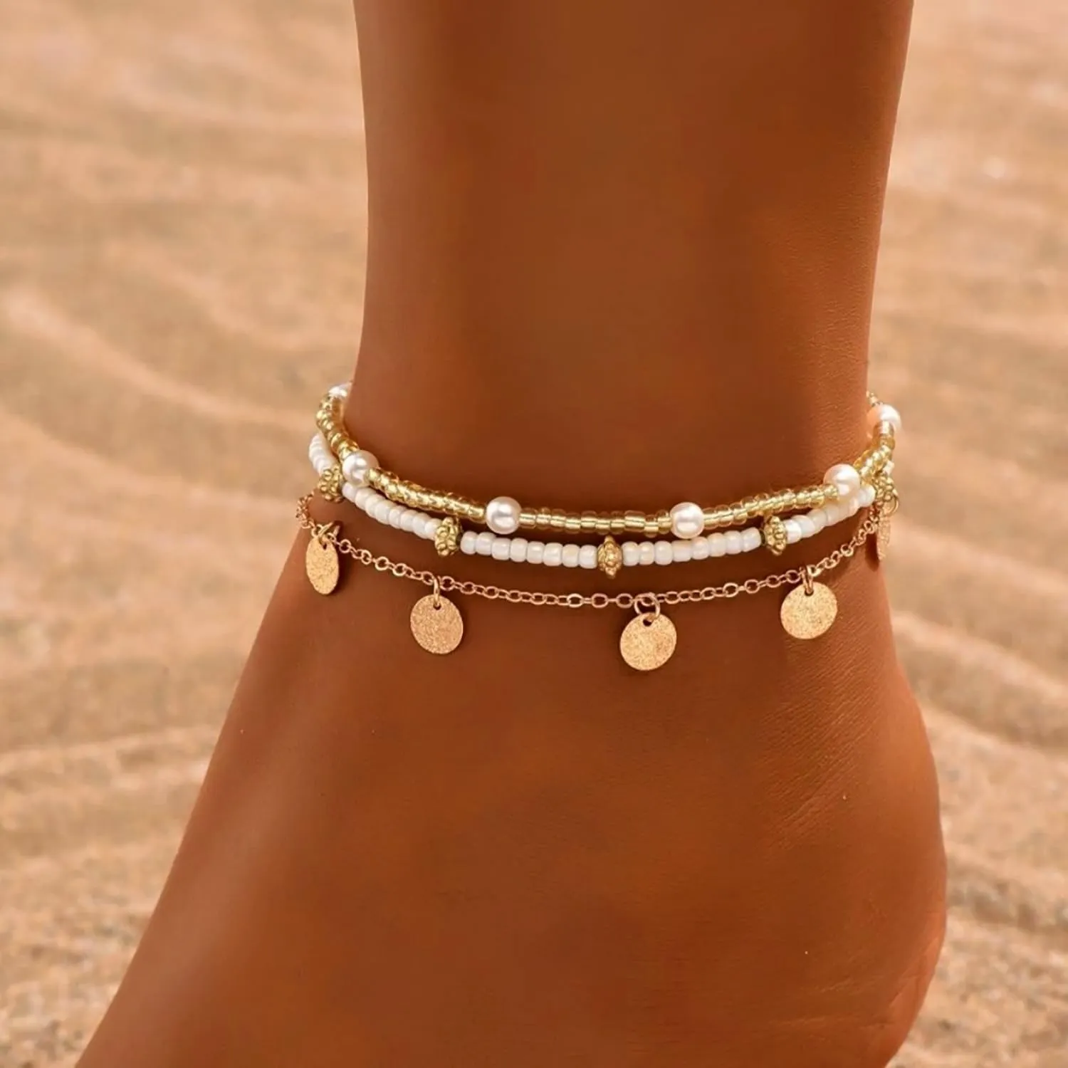 Ankle Bracelets for Women Stretch Boho Pearl Bead Gold Anklets Layered Sequins Foot Chain Hawaiian Beach Conch Summer Vacation Travel Foot Jewelry
