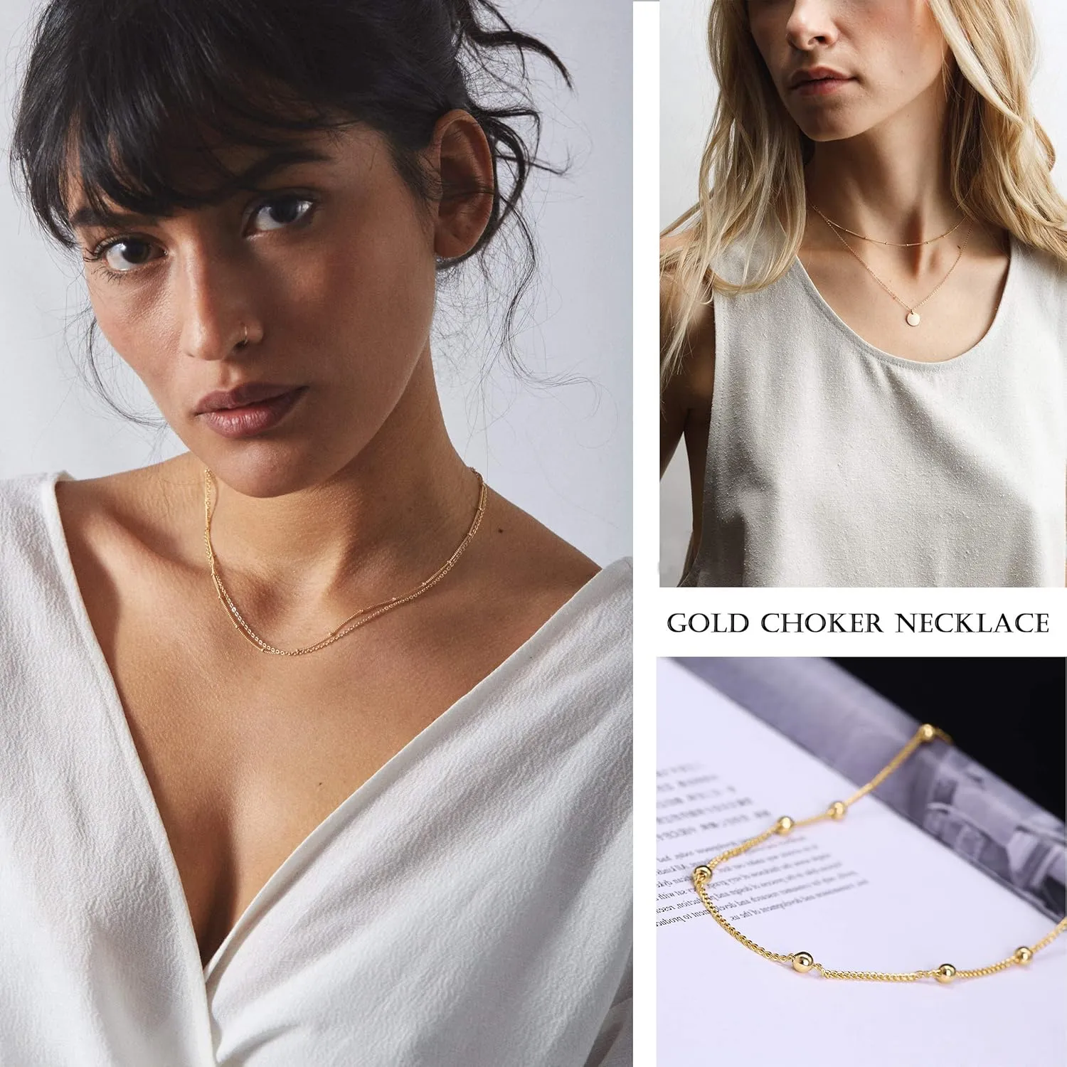 Aobei Pearl 18K Gold Paperclip Chain Choker Satellite Chain Biwa Pearl Pendant Necklace Dainty Jewelry for Women