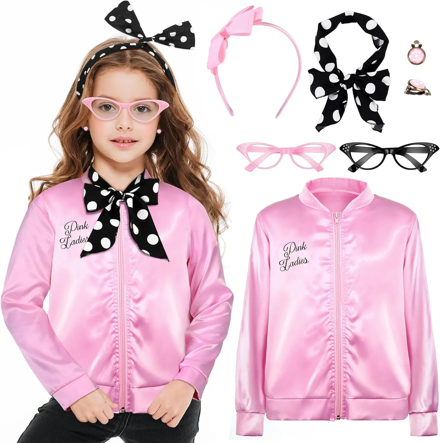 AOTHSO 1950s Girls Pink Satin Jacket with Polka Dot Scarf Headband Earrings and Cat Eye Glasses Halloween Cosplay Costume