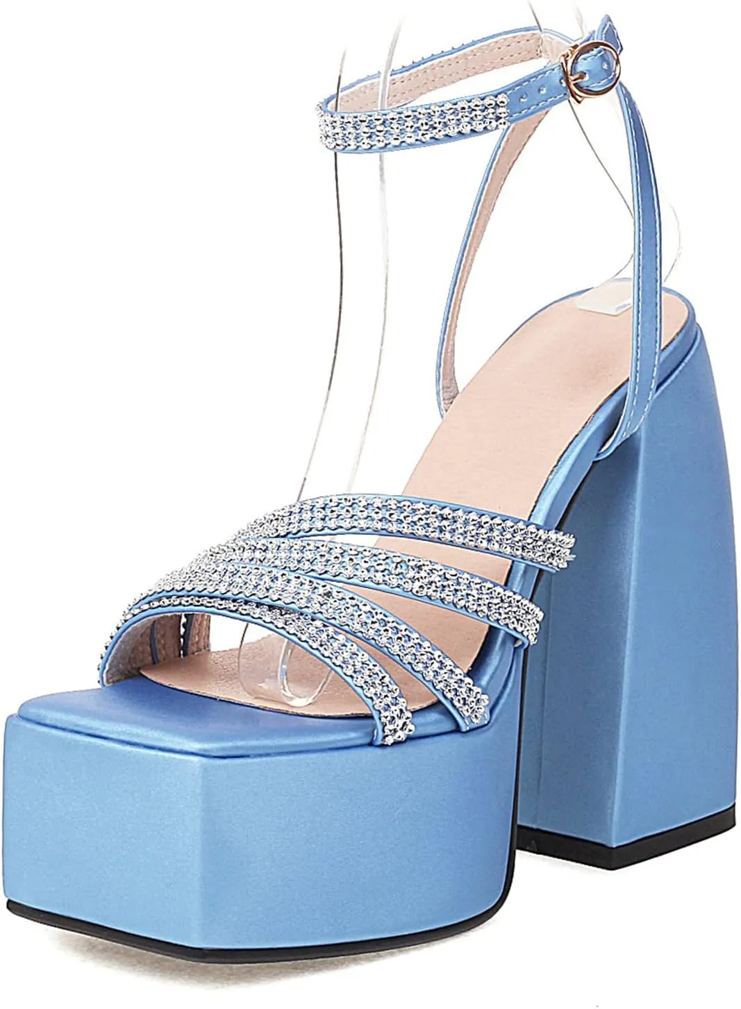 bbruriy Women's Open Square Toe Chunky Block Heel Crystal Ankle Strap Sandals Platform High Heel Shoes Summer Dress Party Pumps