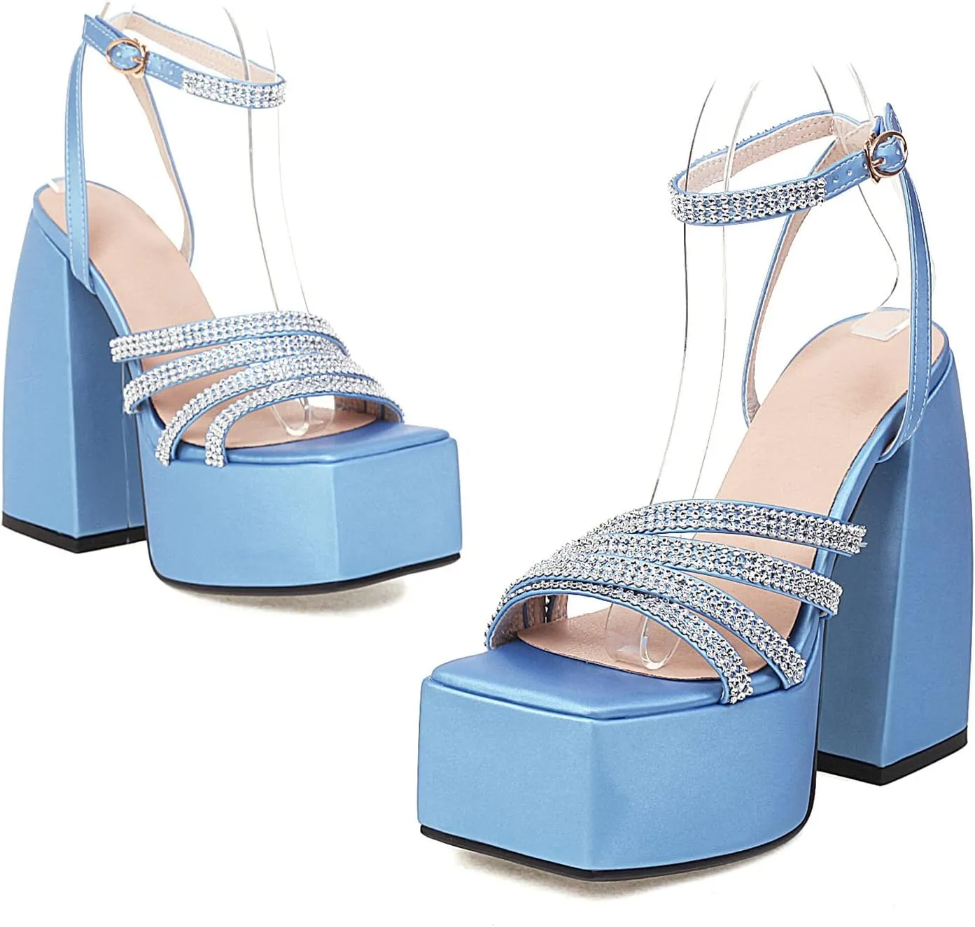 bbruriy Women's Open Square Toe Chunky Block Heel Crystal Ankle Strap Sandals Platform High Heel Shoes Summer Dress Party Pumps