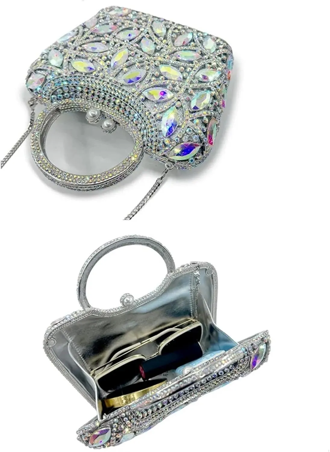 Beaded Evening Bag Women Large Stone Top-Handle Diamond Evening Clutch Crystal Wedding Party Handbags Lady Tote Shoulder Bag