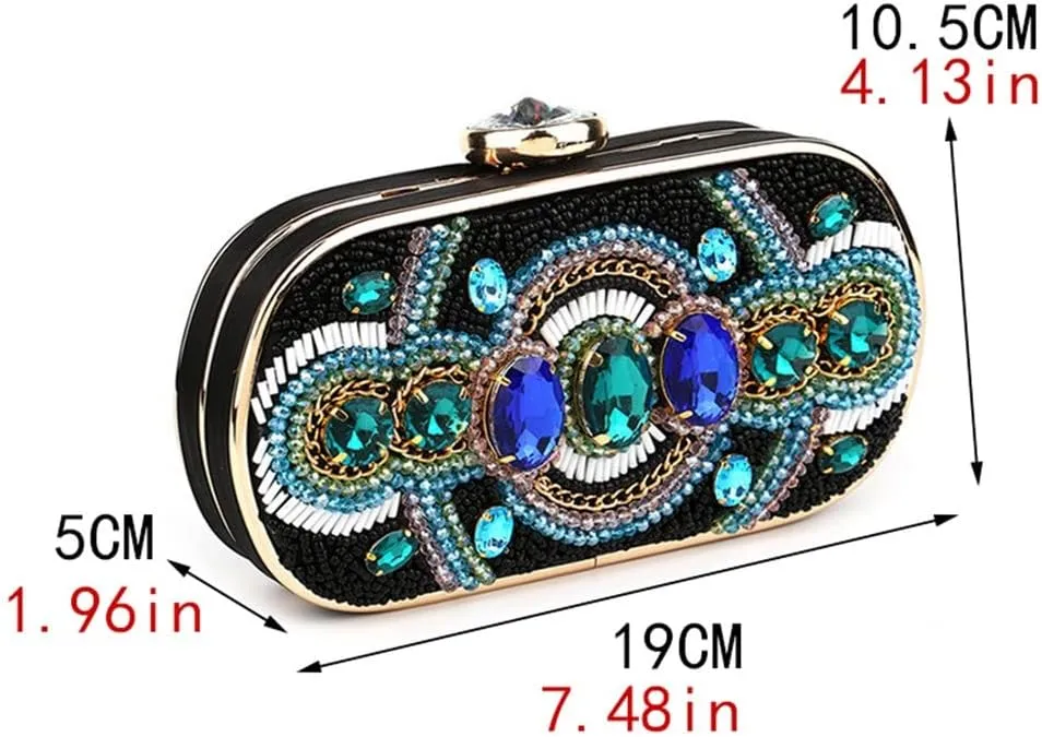Beaded Women Day Clutch Stones Vintage Evening Bags for Wedding Party Shoulder Handbags(Black)