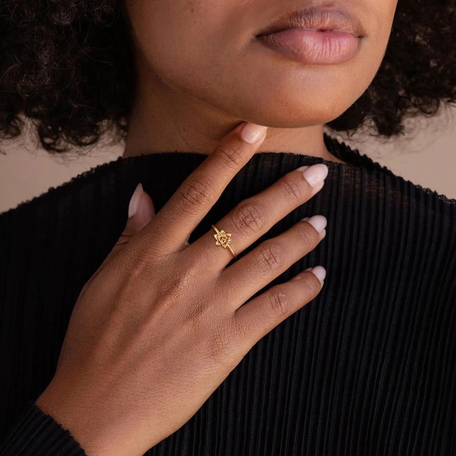 Birth Flower Ring for Women 14K Gold Plated Floral Minimalist Stackable Finger Jewelry Birthday Gifts