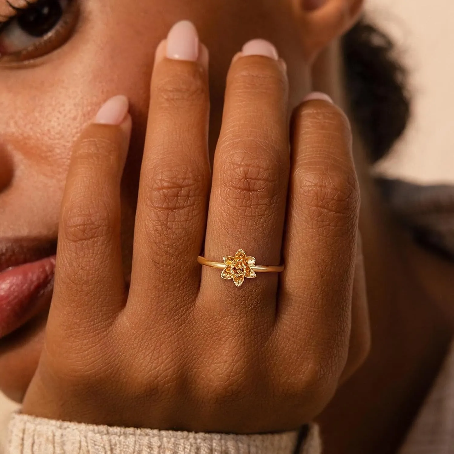 Birth Flower Ring for Women 14K Gold Plated Floral Minimalist Stackable Finger Jewelry Birthday Gifts